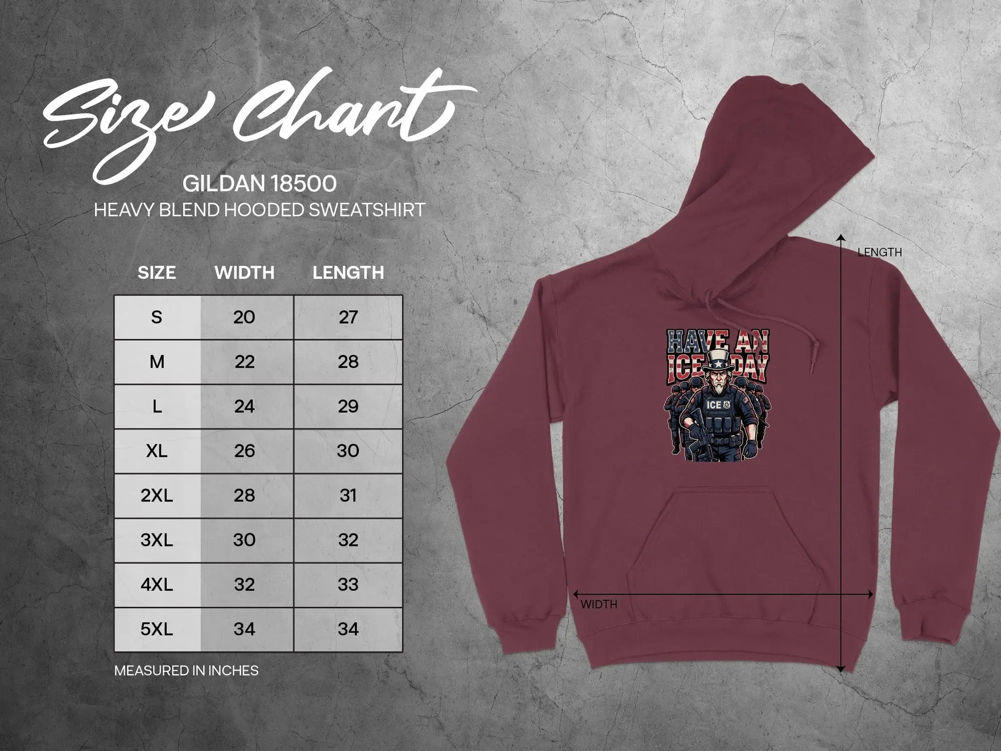 Gildan 18500 heavy blend hooded sweatshirt size chart showing measurements in inches.