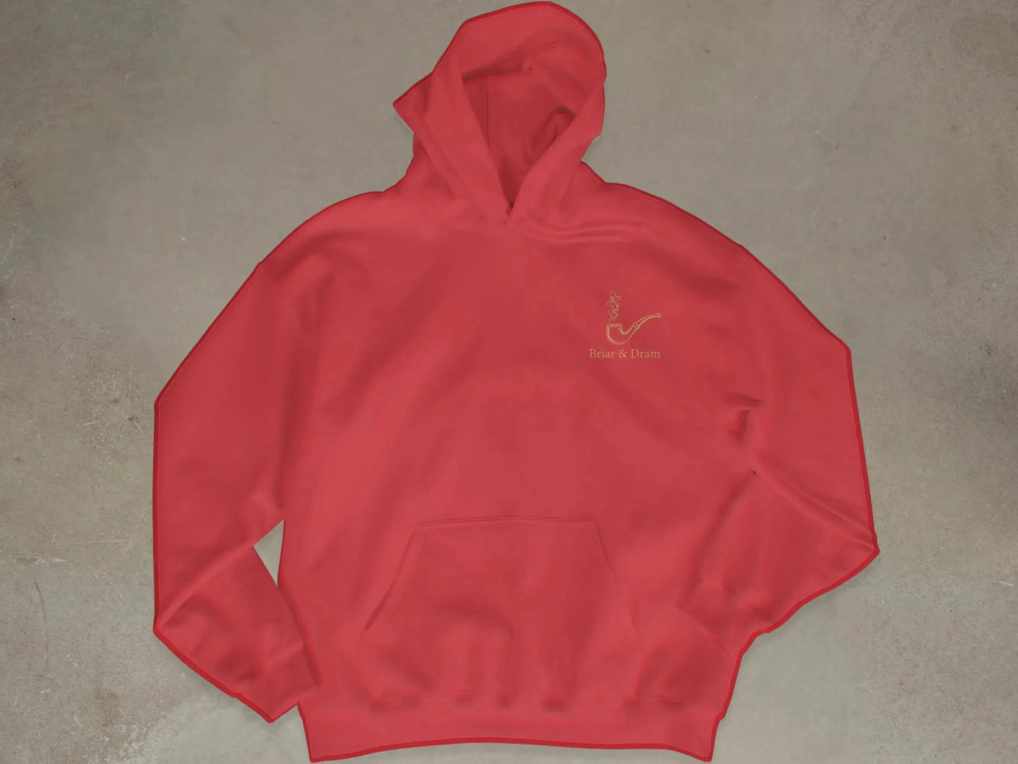 Coral hoodie with embroidered pipe and "Briar & Dram" text on chest.