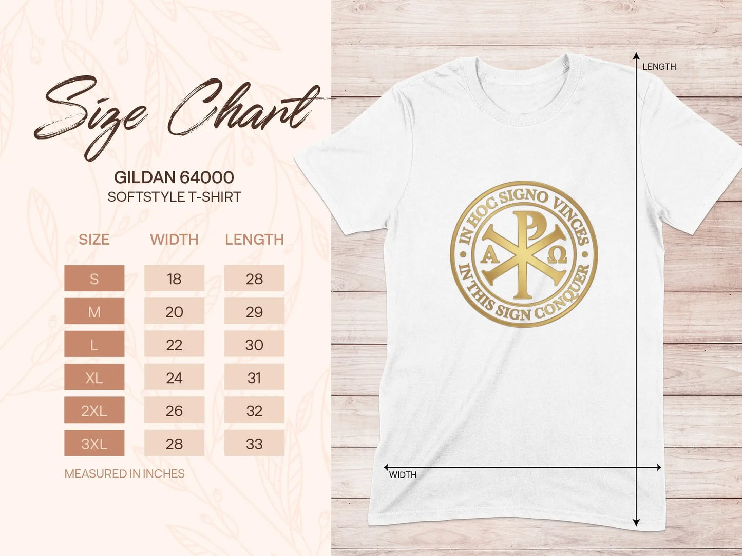 Gildan 64000 Softstyle t-shirt size chart with width and length measurements in inches.