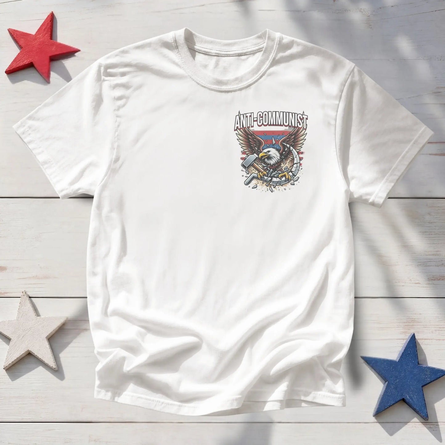 White t-shirt with an eagle and hammer-and-sickle graphic, reading "Anti-Communist".