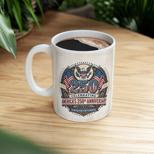 White mug with "America's 250th Anniversary" design, featuring eagles and flags.