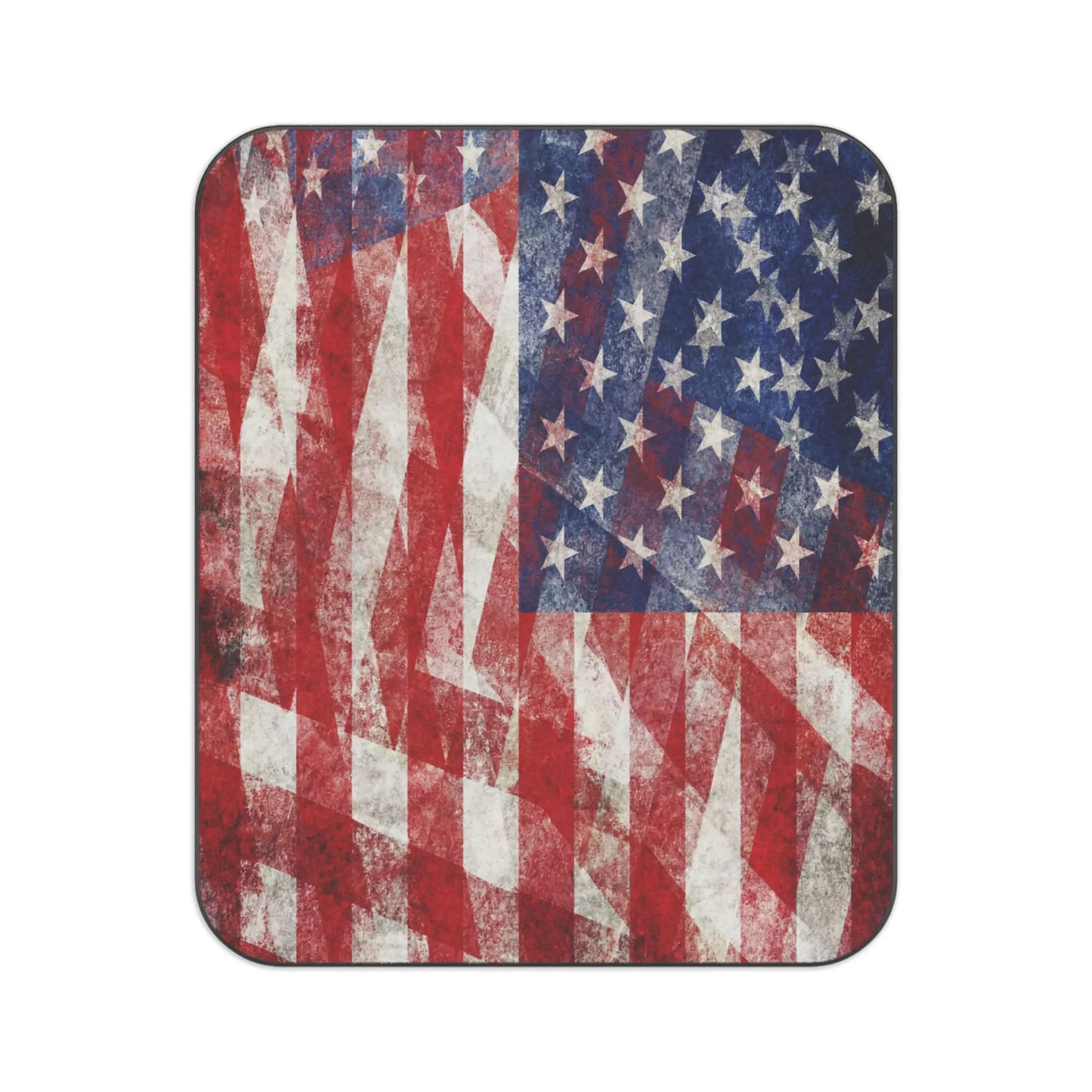 Distressed American flag design with stars and stripes on a rounded rectangular surface.