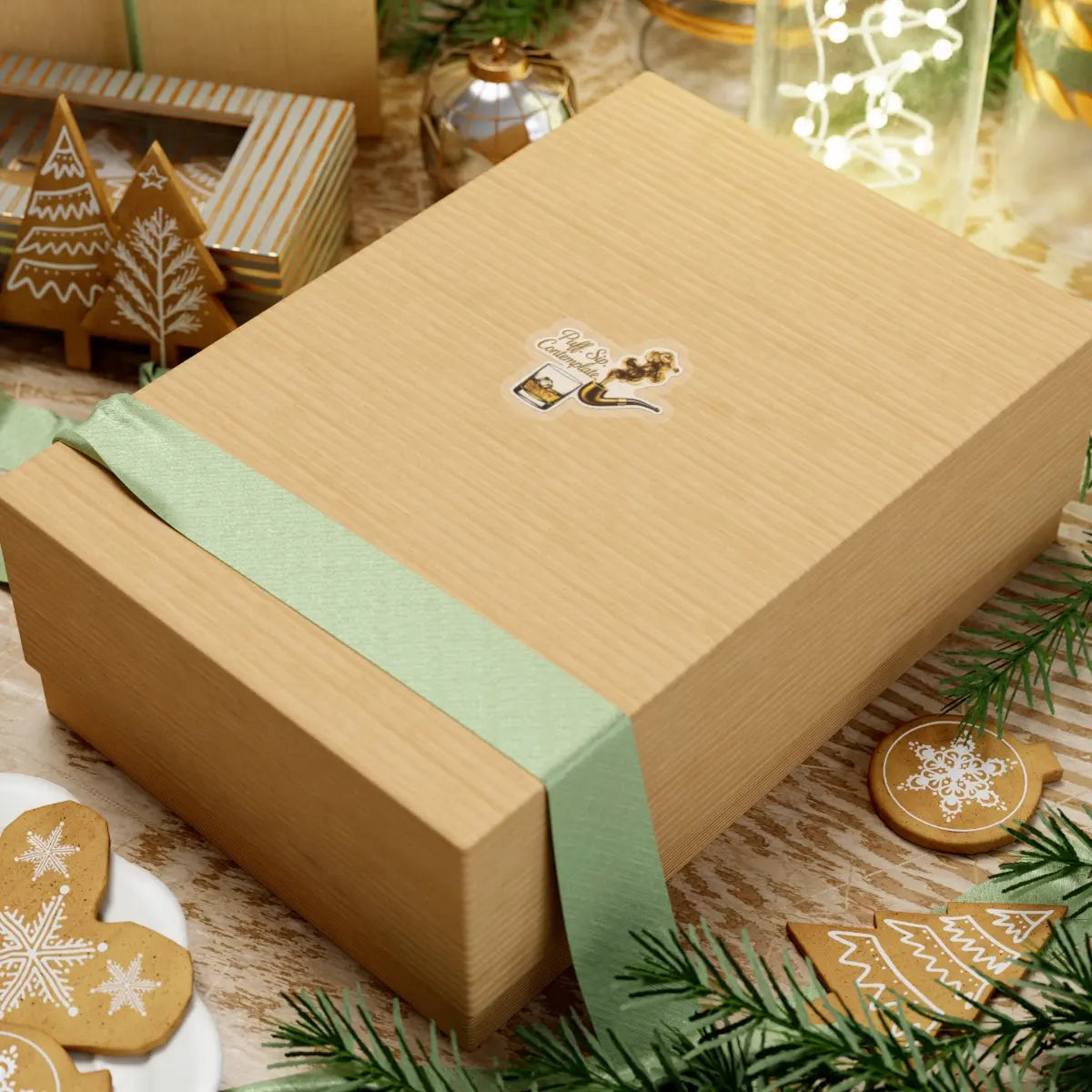 Light brown gift box with green ribbon and snowflake gingerbread cookies.