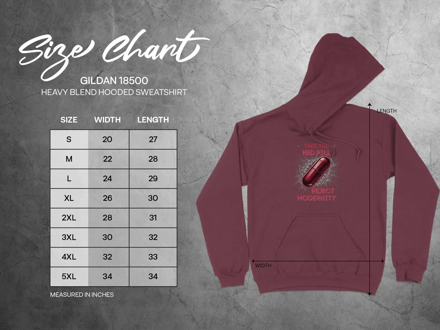 Gildan 18500 sweatshirt size chart with width and length measurements in inches.