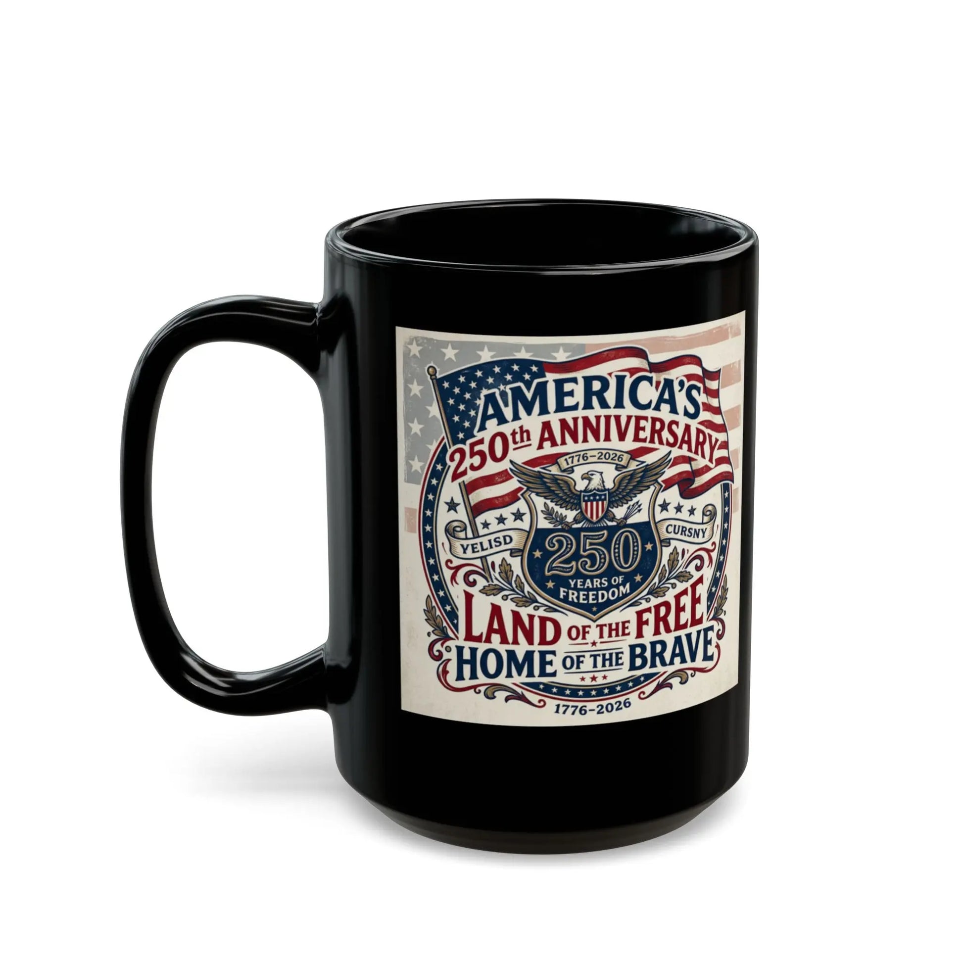 Black mug with America's 250th Anniversary design, 1776-2026.