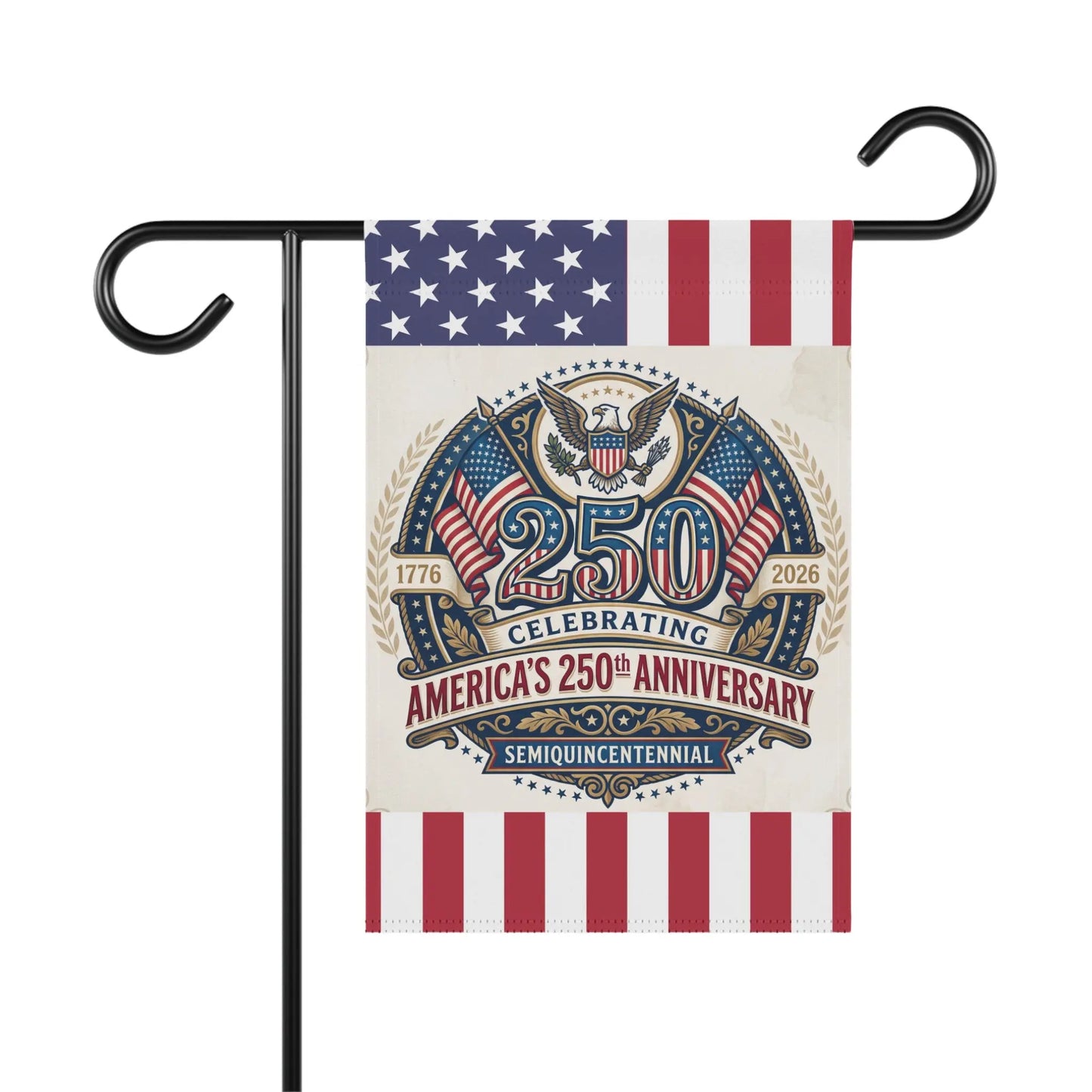 America's 250th anniversary semiquincentennial flag with eagle and American flags.