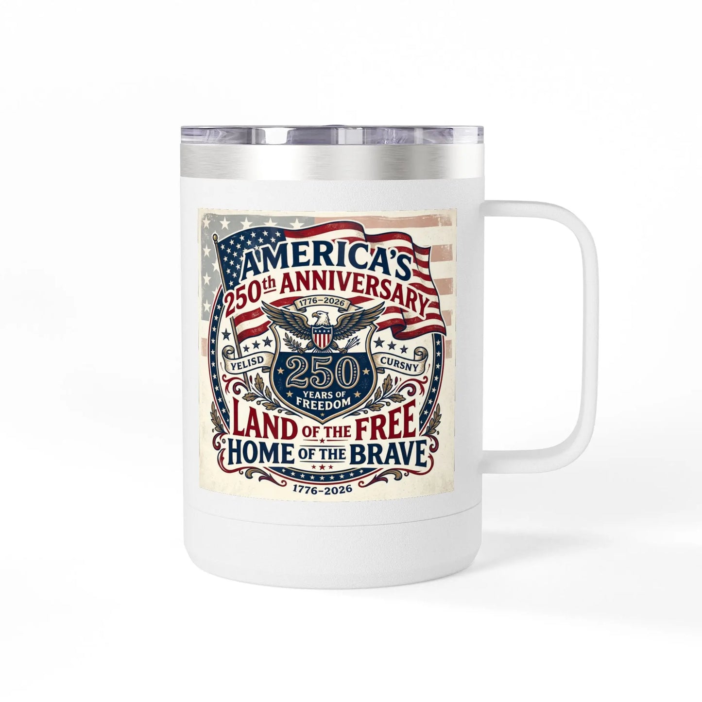 White mug with "America's 250th Anniversary" design and eagle emblem.