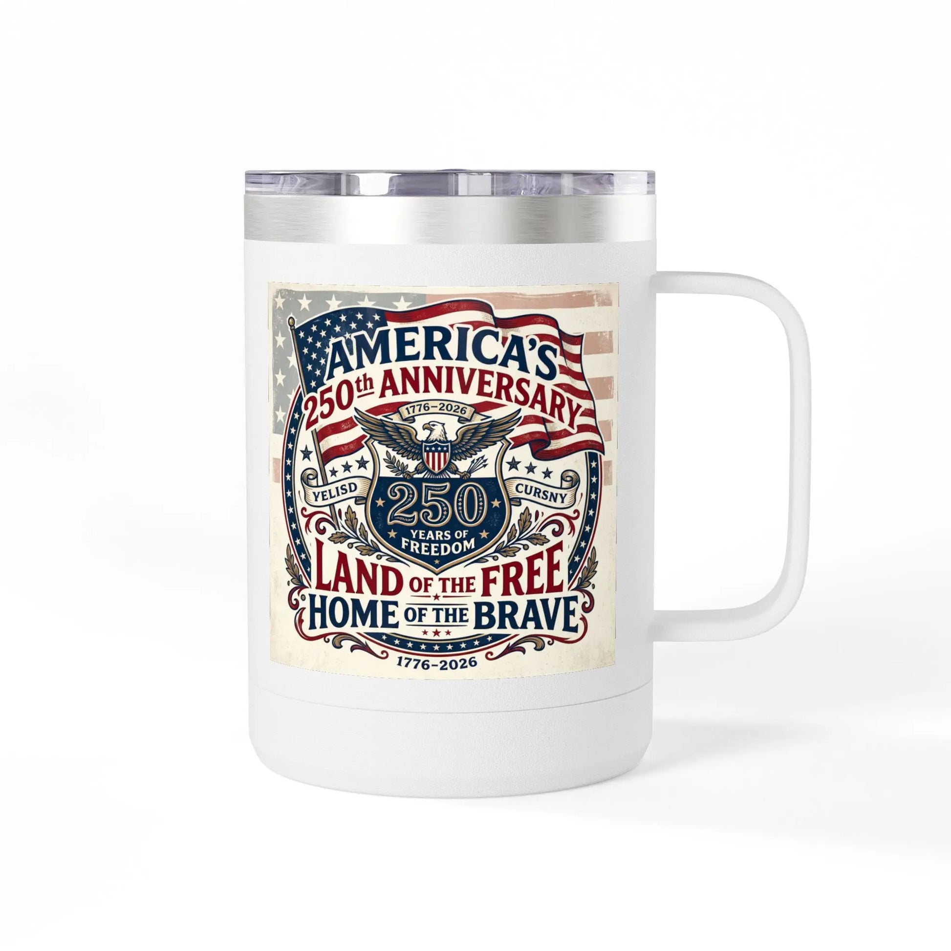White mug with "America's 250th Anniversary" design and eagle emblem.