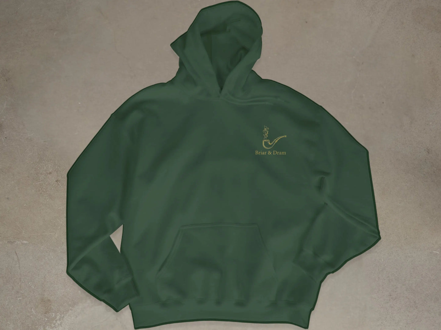 Green hooded sweatshirt with Briar & Dram pipe logo on chest.