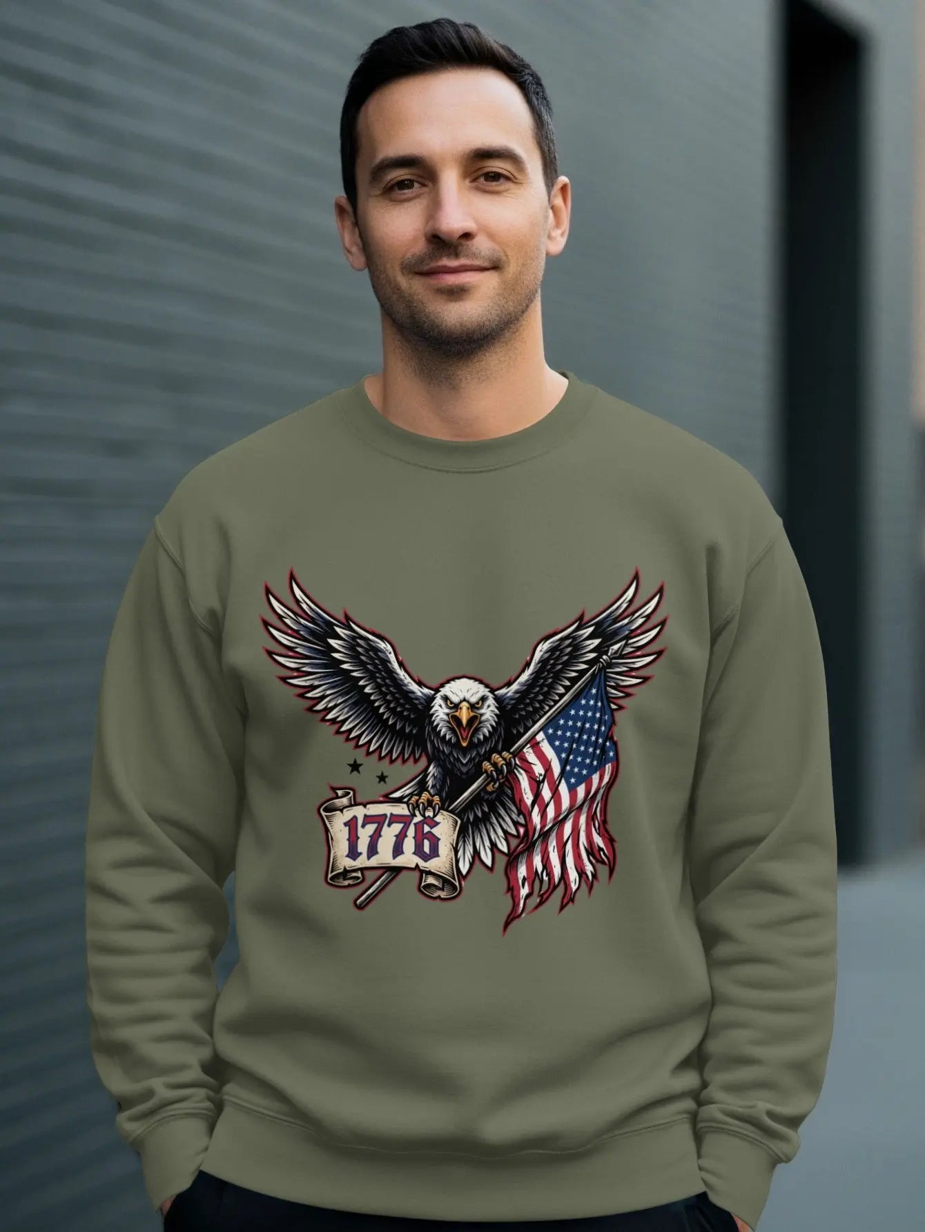 Olive sweatshirt with eagle, American flag, and "1776" text design.