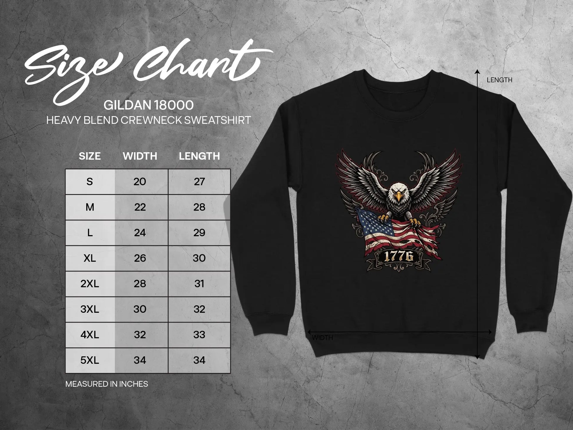 Gildan 18000 size chart for black crewneck sweatshirt with eagle graphic.