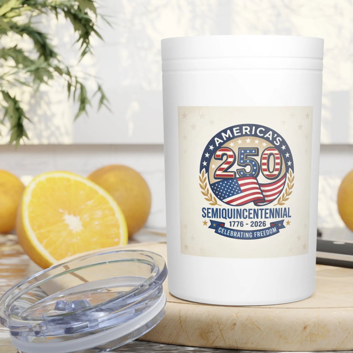 White tumbler with "America's 250 Semiquincentennial 1776-2026 Celebrating Freedom" label.