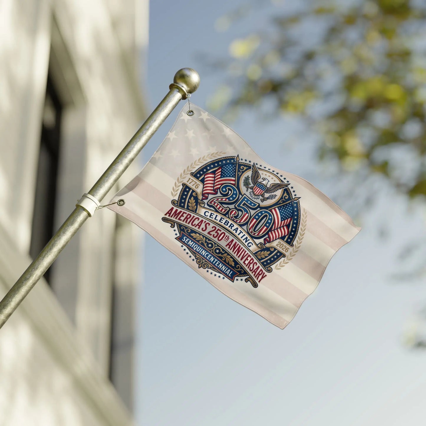 Flag celebrating America's 250th Anniversary with bicentennial emblem.