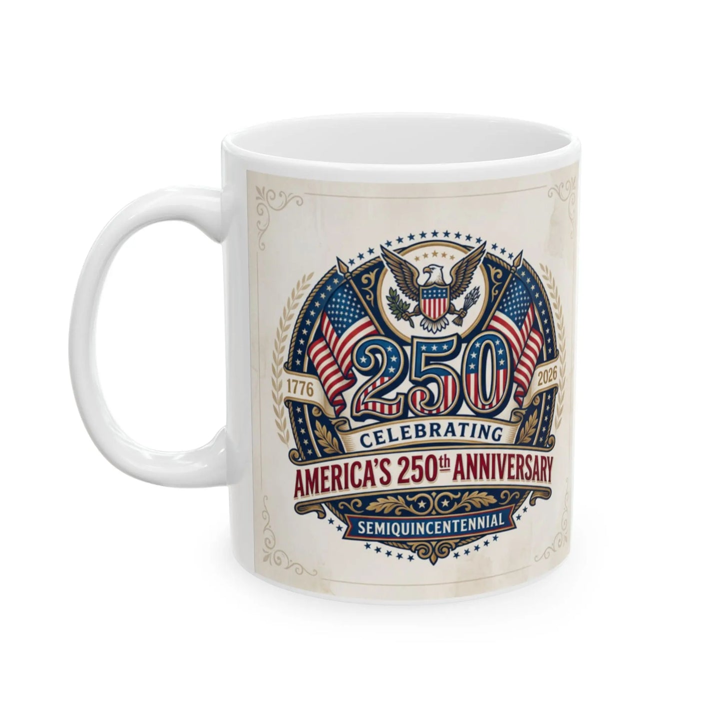 White mug with a vintage circular design celebrating America's 250th anniversary.