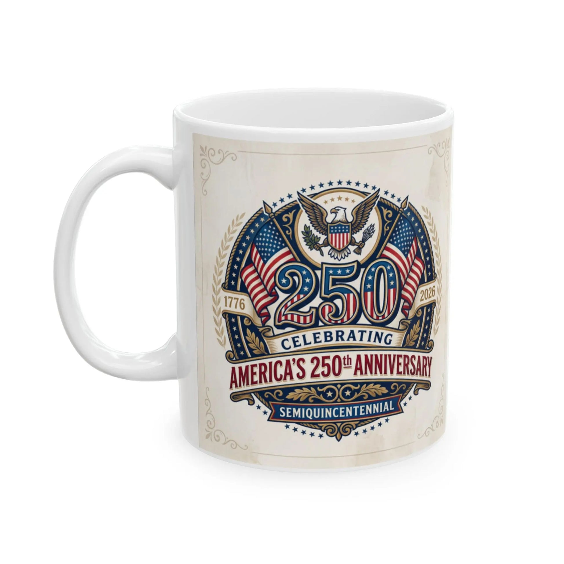 White mug with a vintage circular design celebrating America's 250th anniversary.