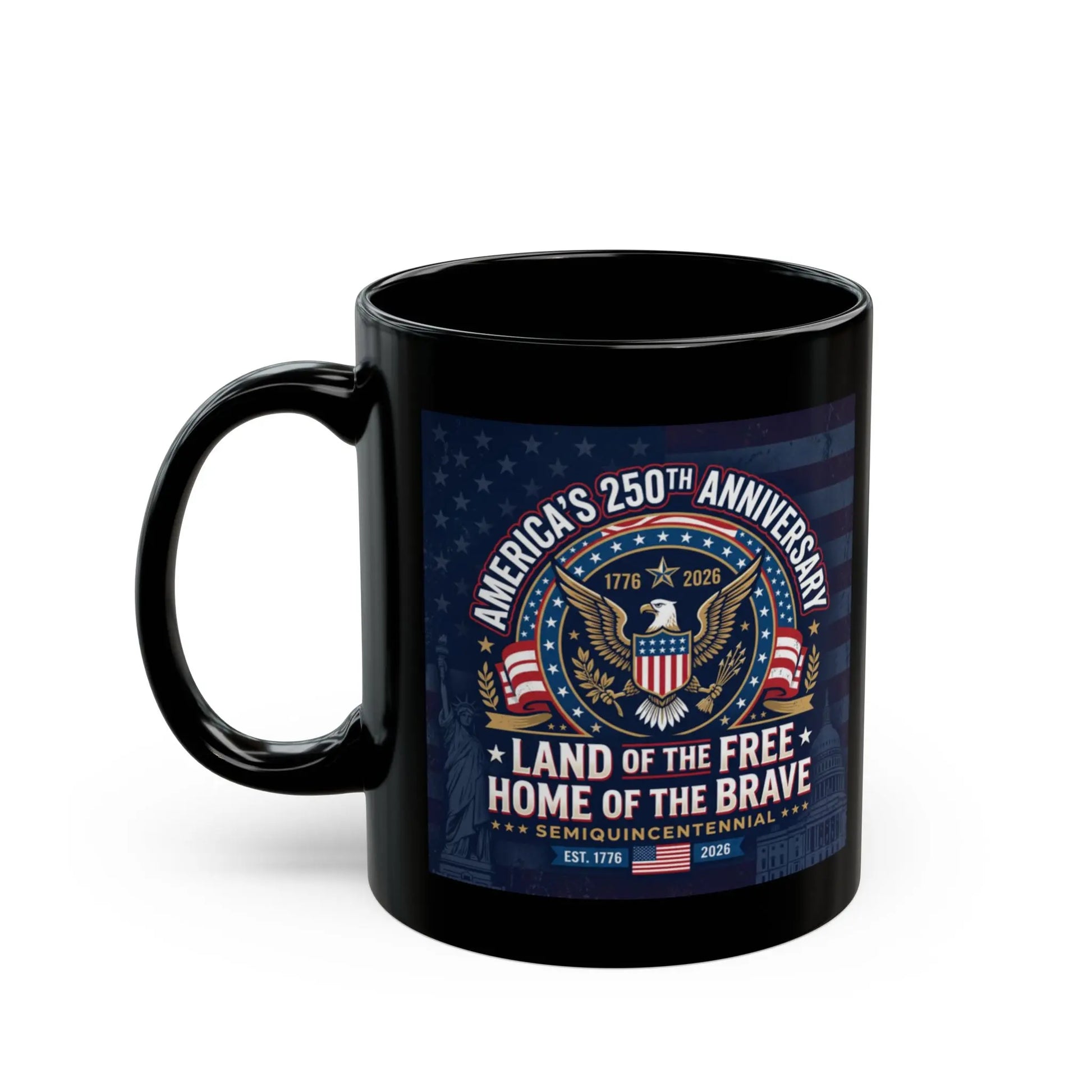 Black mug with "America's 250th Anniversary" text and patriotic symbols.