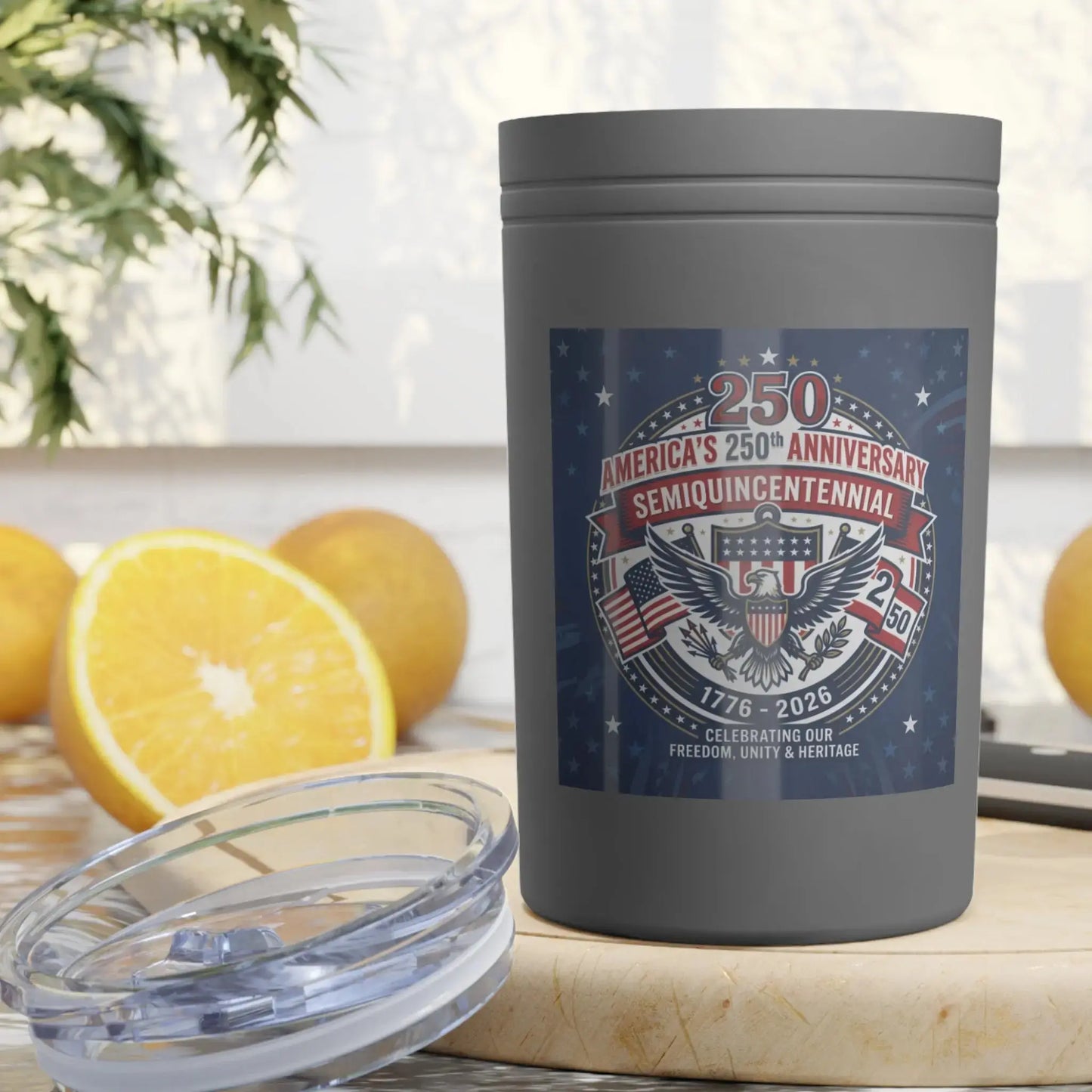 Gray tumbler celebrating America's 250th anniversary with eagle and flag.