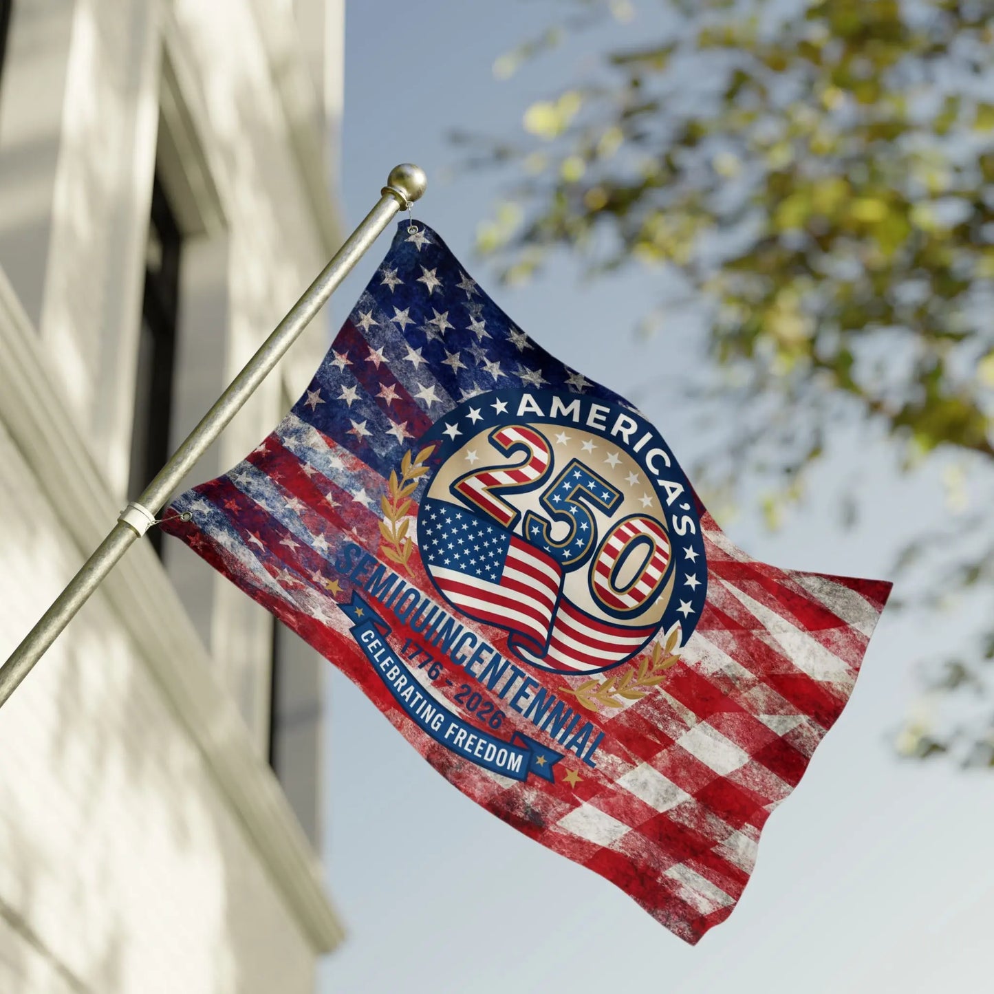 American flag with "America's 250 Semiquincentennial 1776-2026" text.