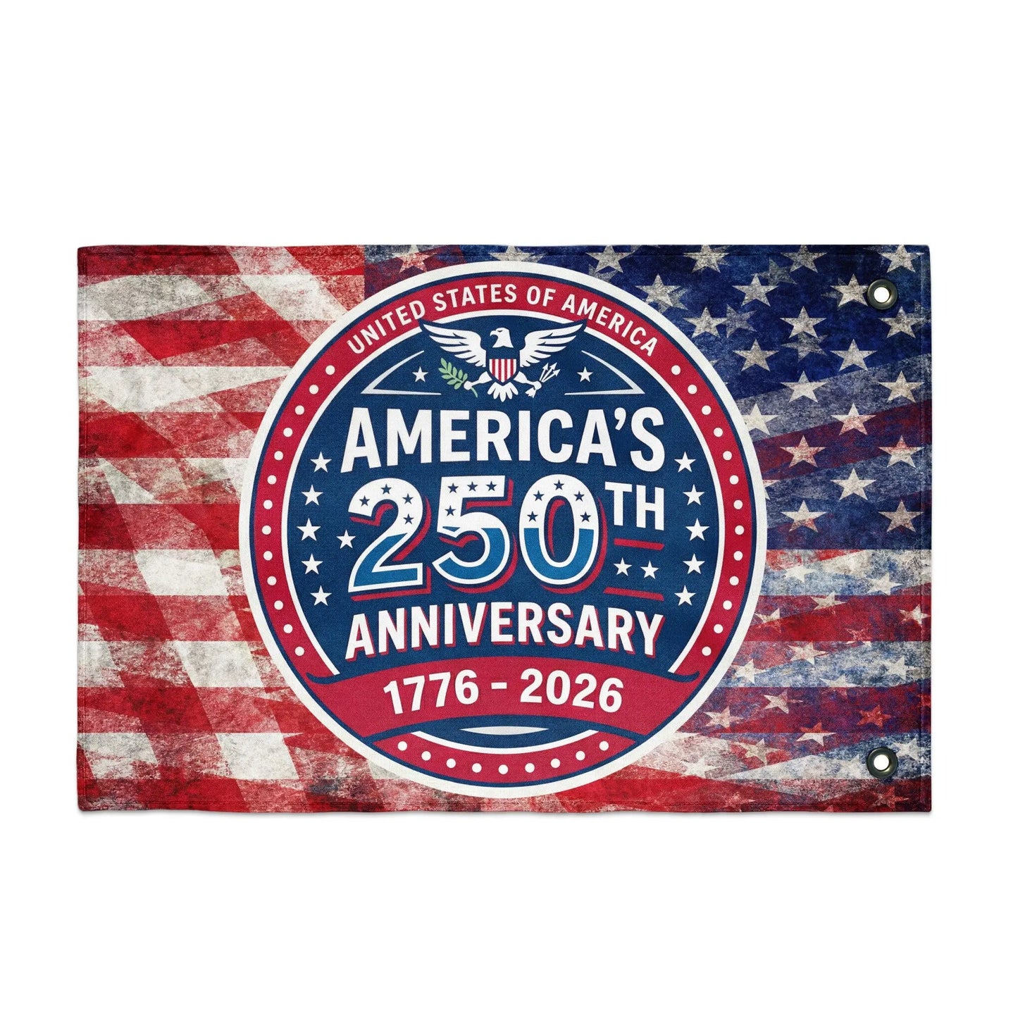 Banner celebrating the United States 250th Anniversary from 1776-2026 on a distressed flag background.