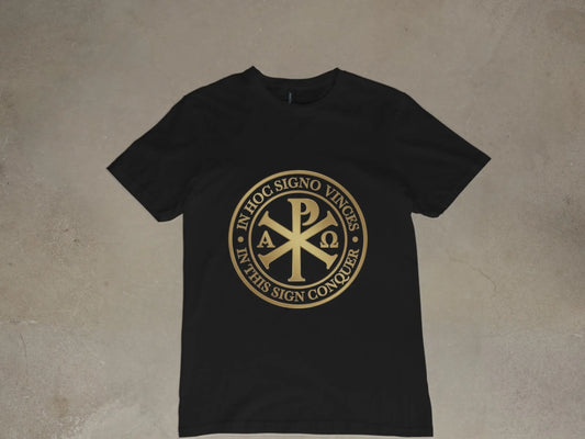 Black t-shirt with gold Chi Rho symbol and Latin text.