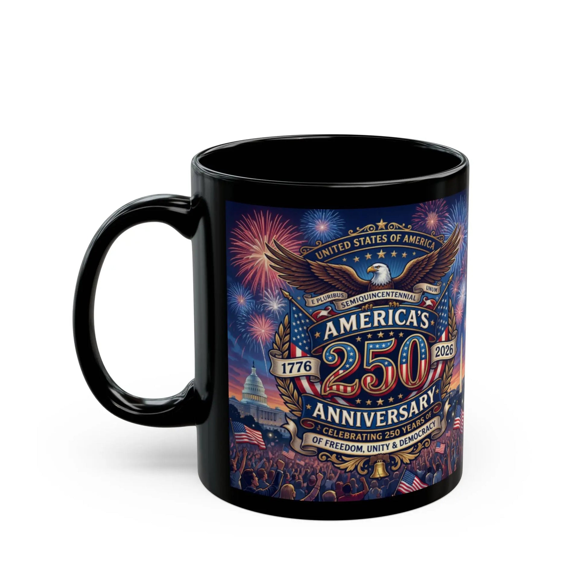Black mug celebrating America's 250th anniversary, featuring an eagle and fireworks.