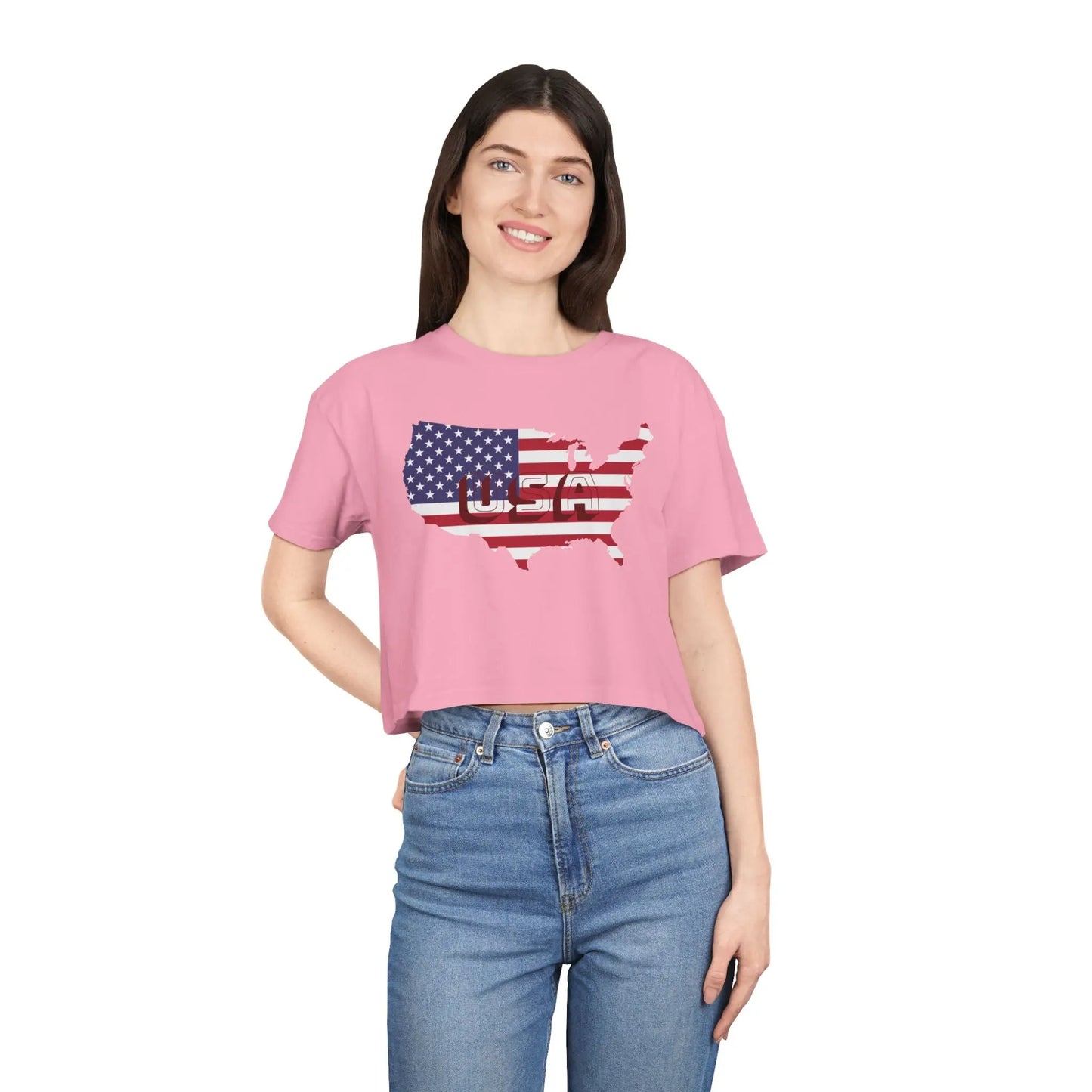Pink cropped t-shirt with a US map graphic made of the American flag.