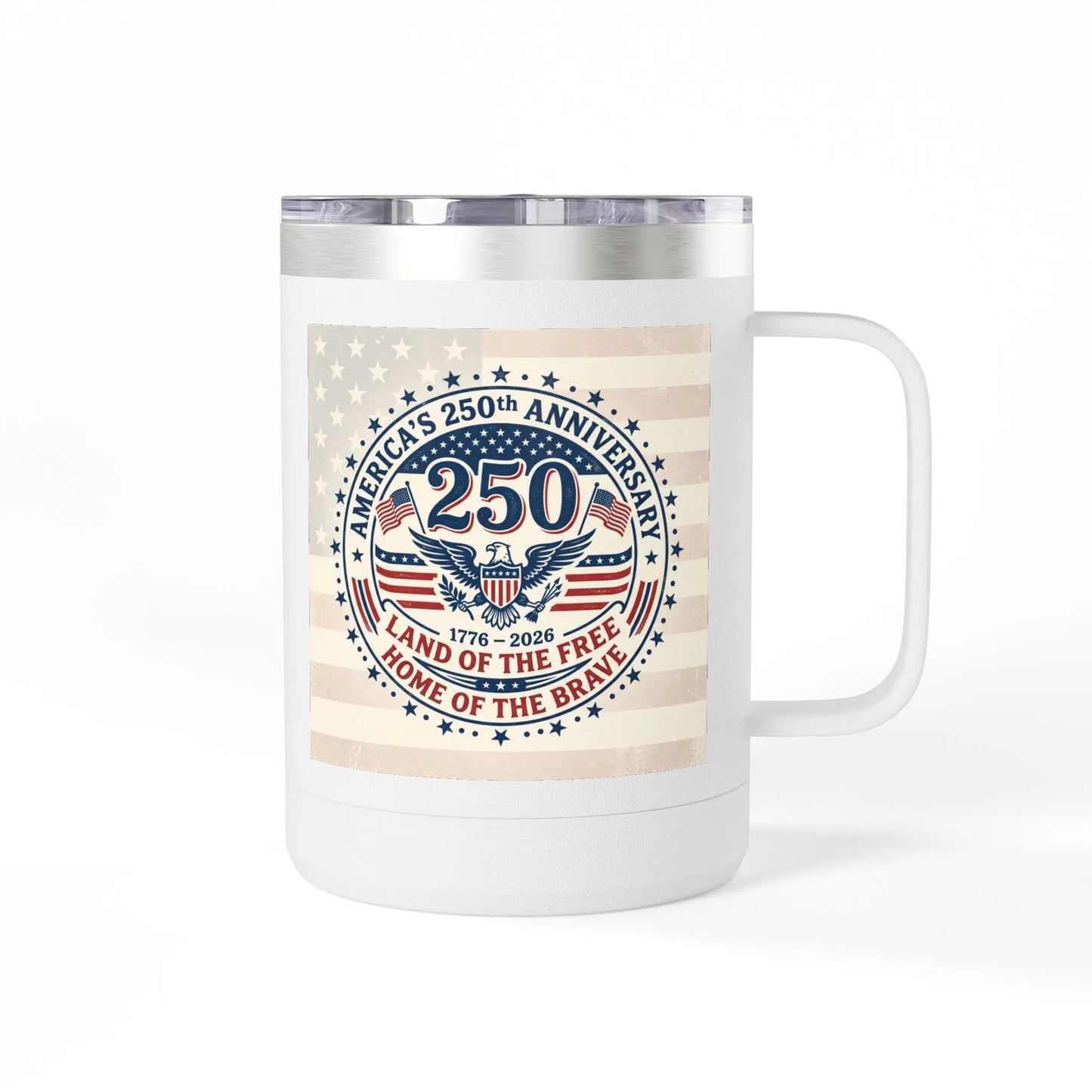 White mug with America's 250th Anniversary design: Land of the Free, Home of the Brave.