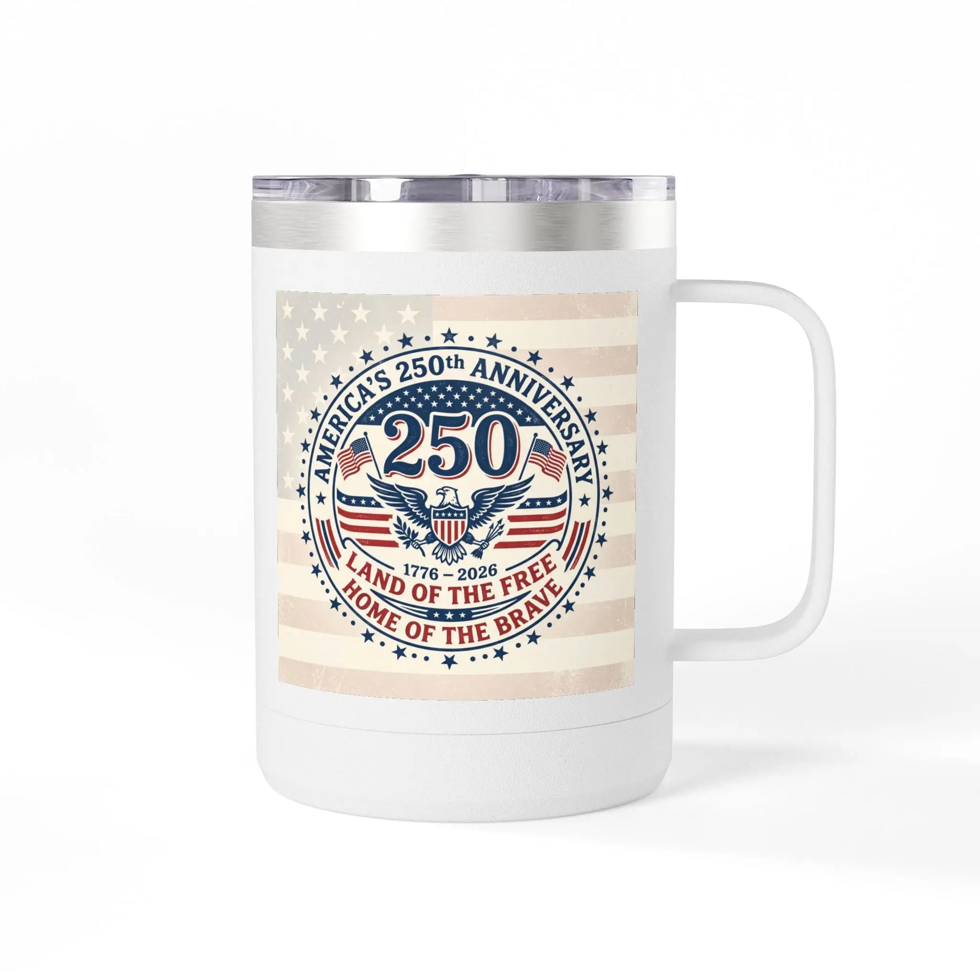 White mug with America's 250th Anniversary design: Land of the Free, Home of the Brave.