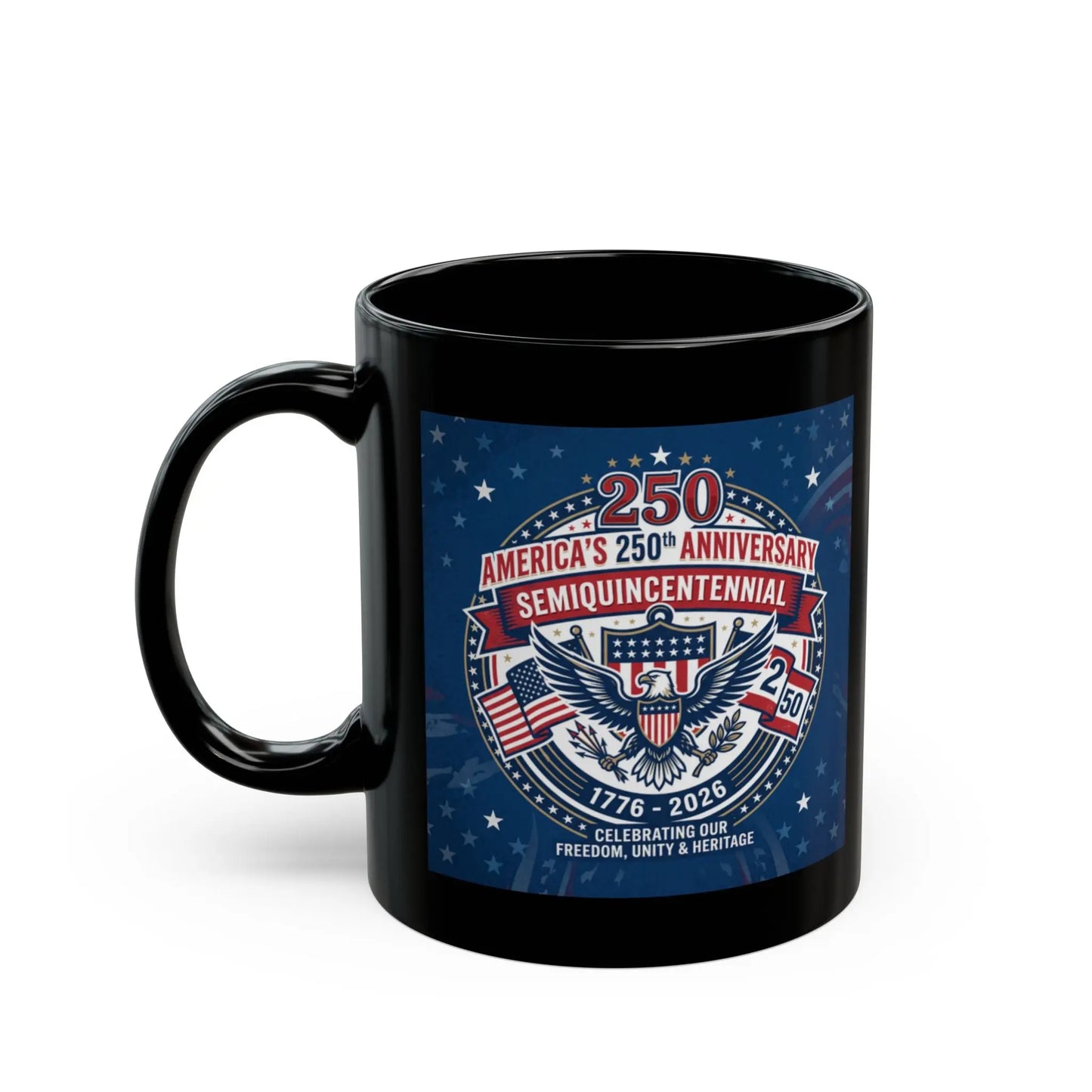 Black mug with America's 250th Anniversary Semi-Quincentennial design.