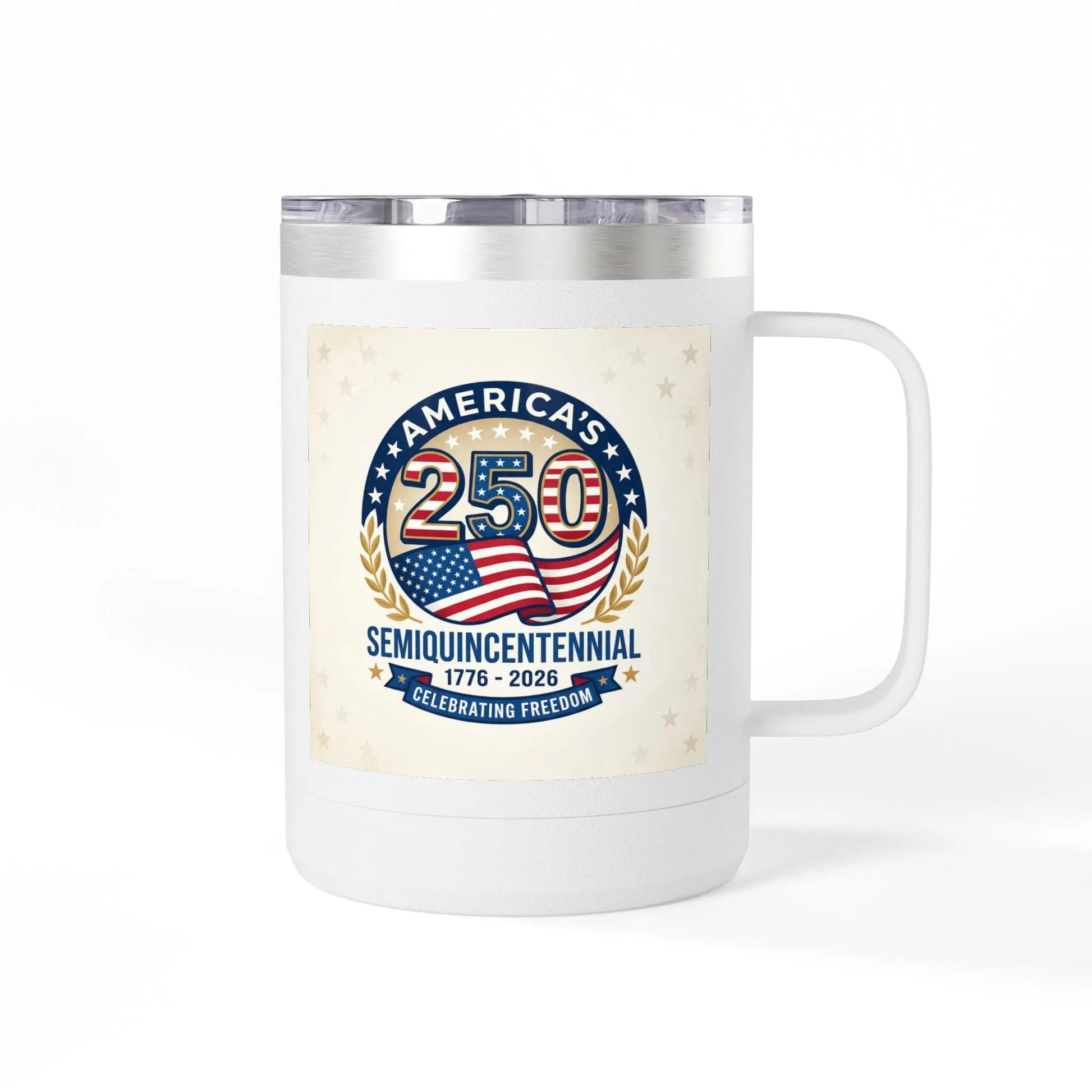 White insulated mug with America's 250 Semiquincentennial design and American flag.
