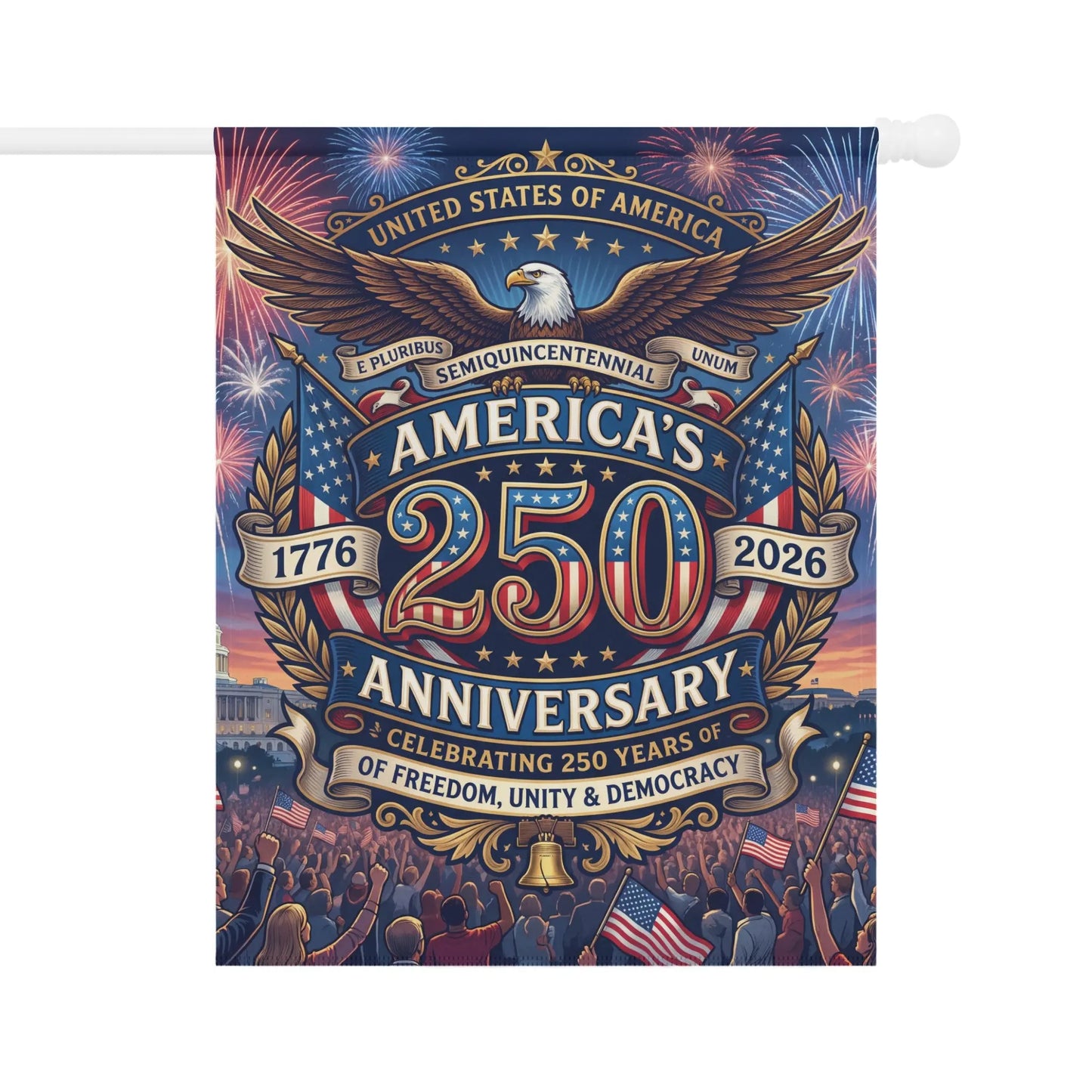 Flag celebrating America's 250th Anniversary in 2026 with eagle, fireworks, and crowd.