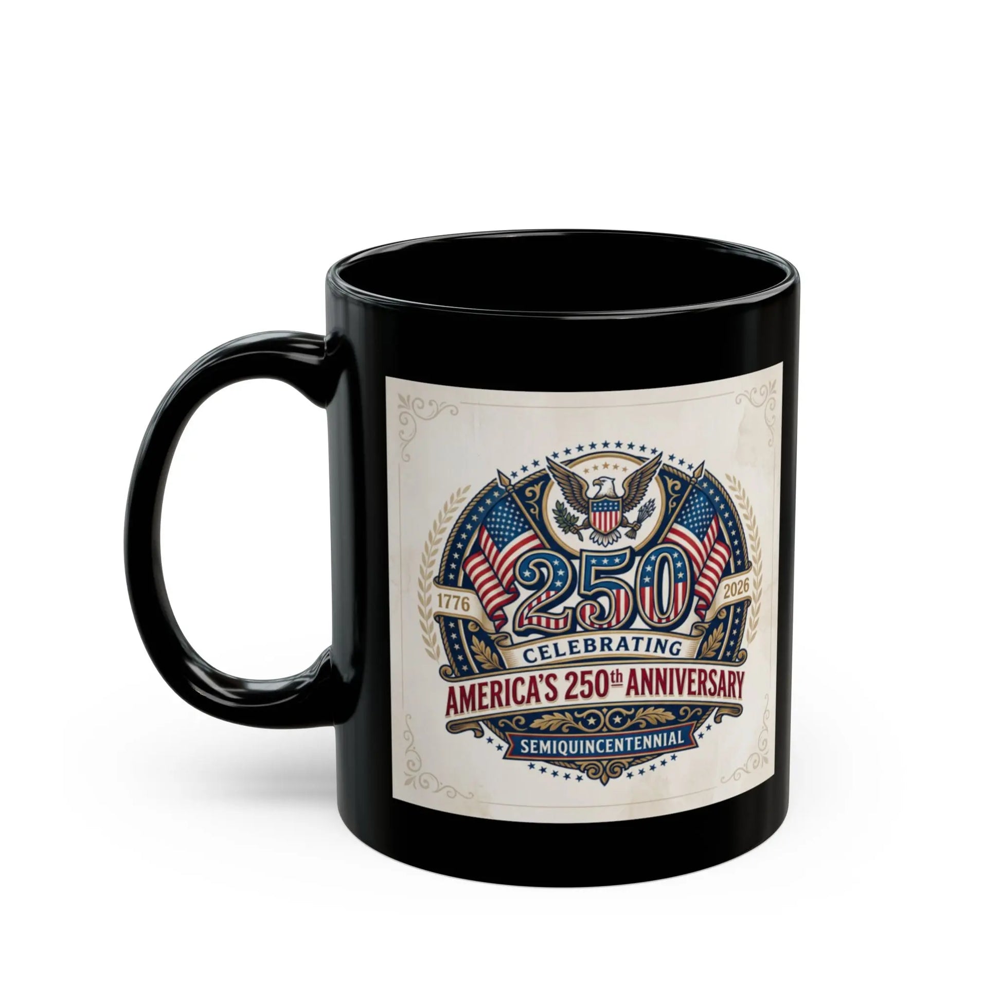 Black mug celebrating America's 250th anniversary with patriotic emblem.