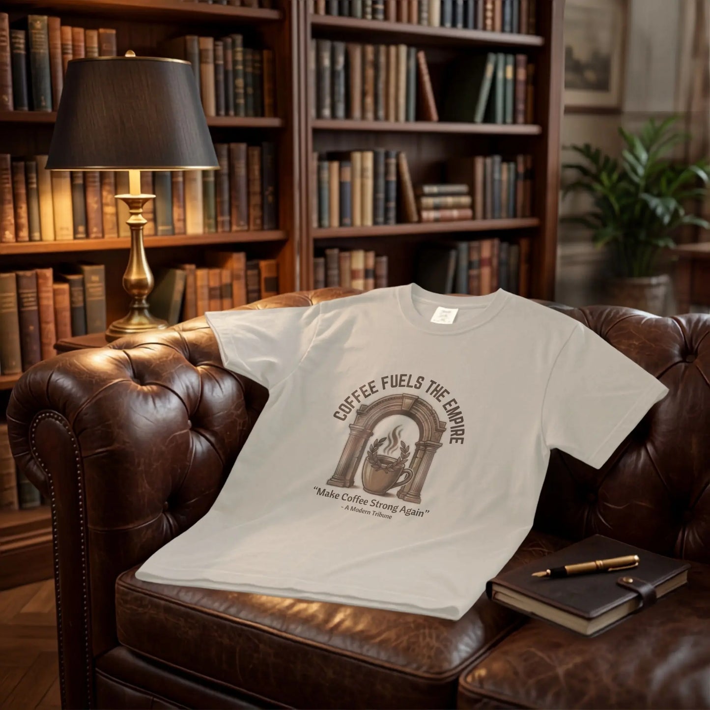 Light grey t-shirt with "Coffee Fuels The Empire" graphic on a leather couch.