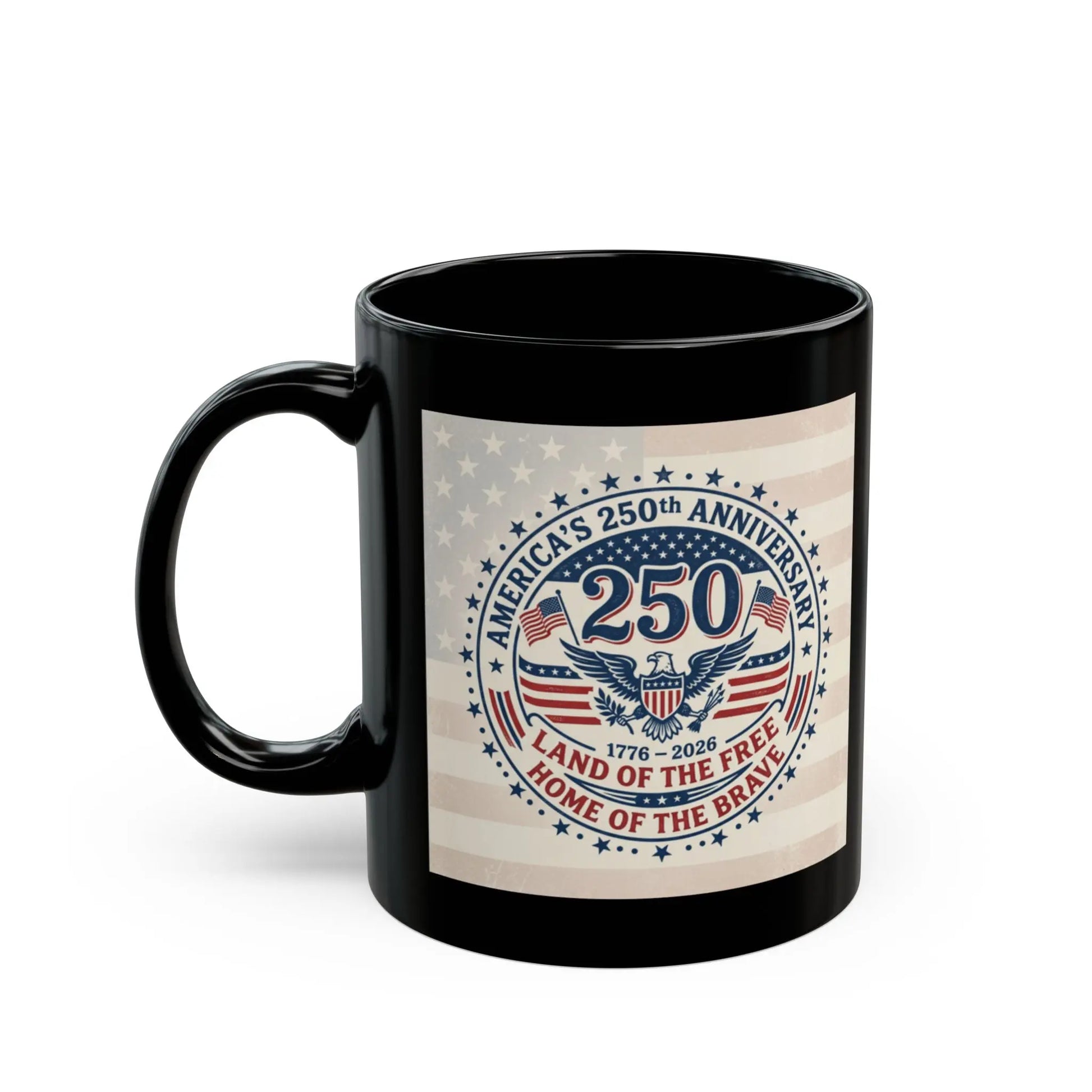Black mug with America's 250th Anniversary emblem.