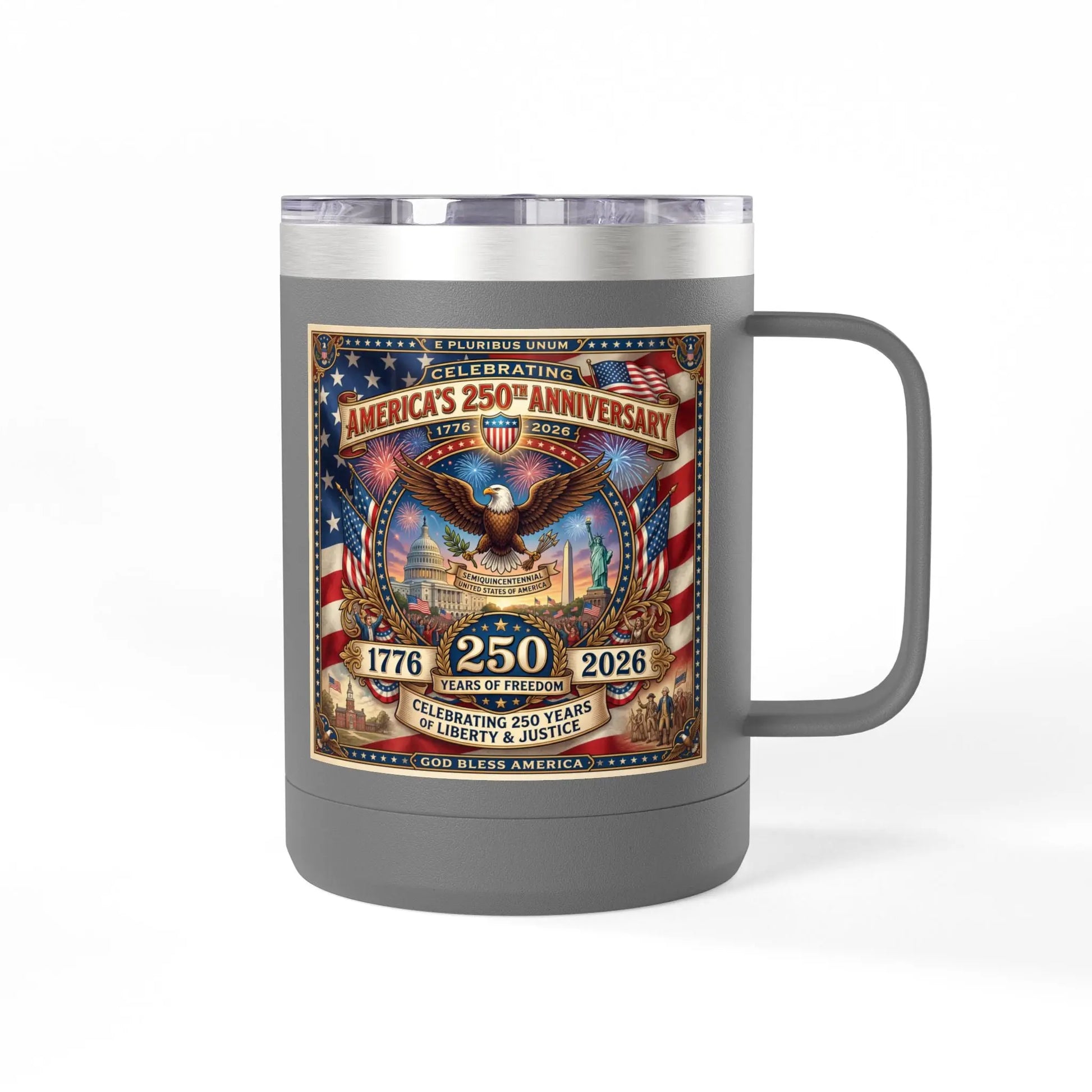 Gray mug celebrating America's 250th Anniversary 1776-2026 with eagle and landmarks.
