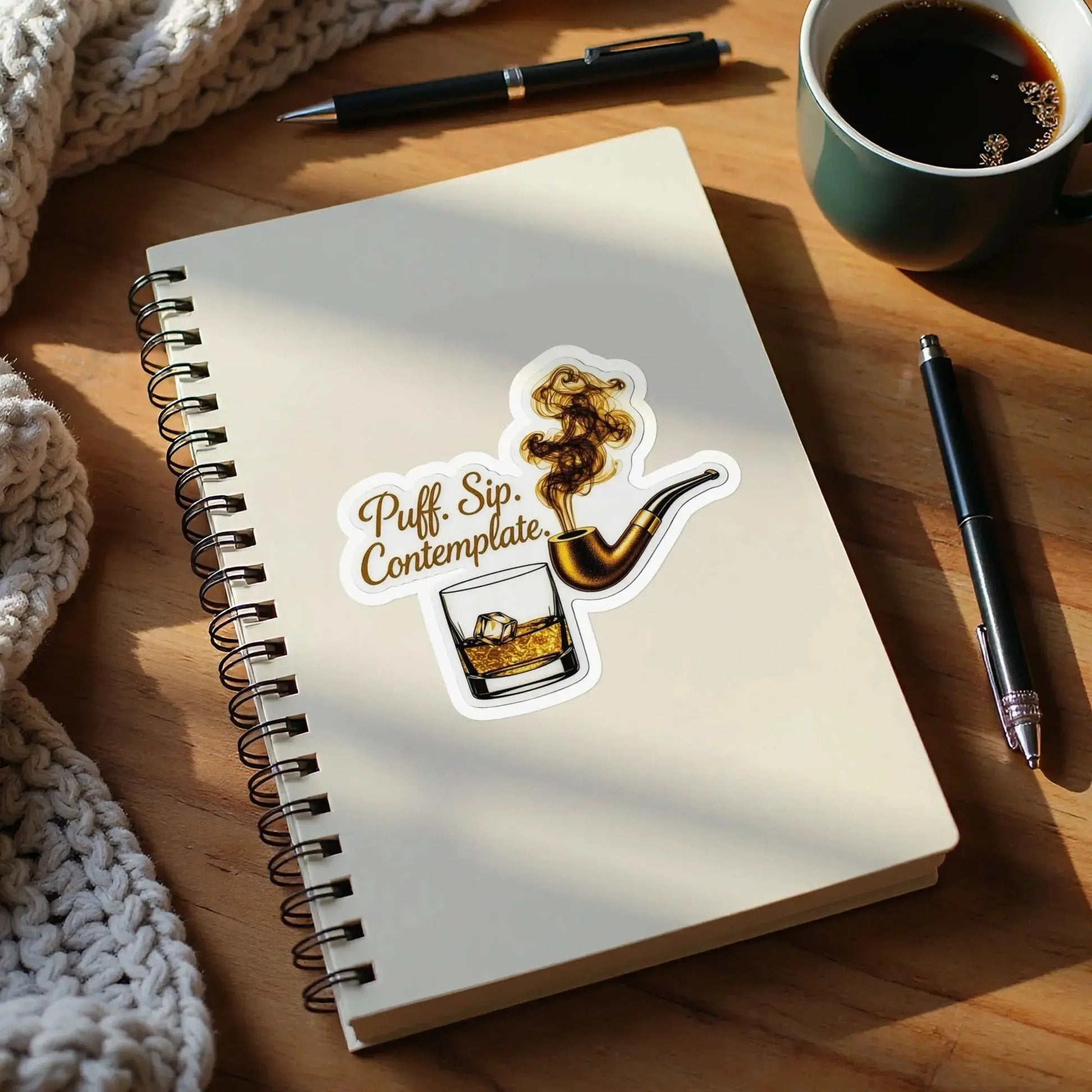 Sticker with pipe, whiskey glass, and text "Puff. Sip. Contemplate."