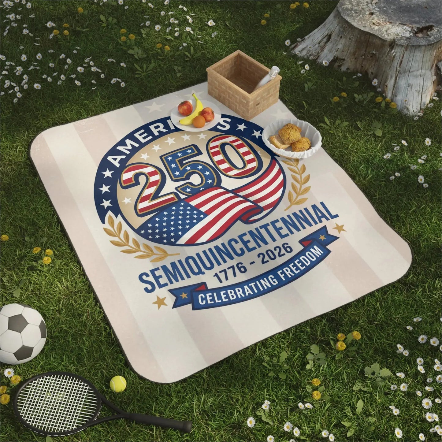 Picnic blanket with "America's 250 Semiquincentennial 1776-2026" text and American flag design.