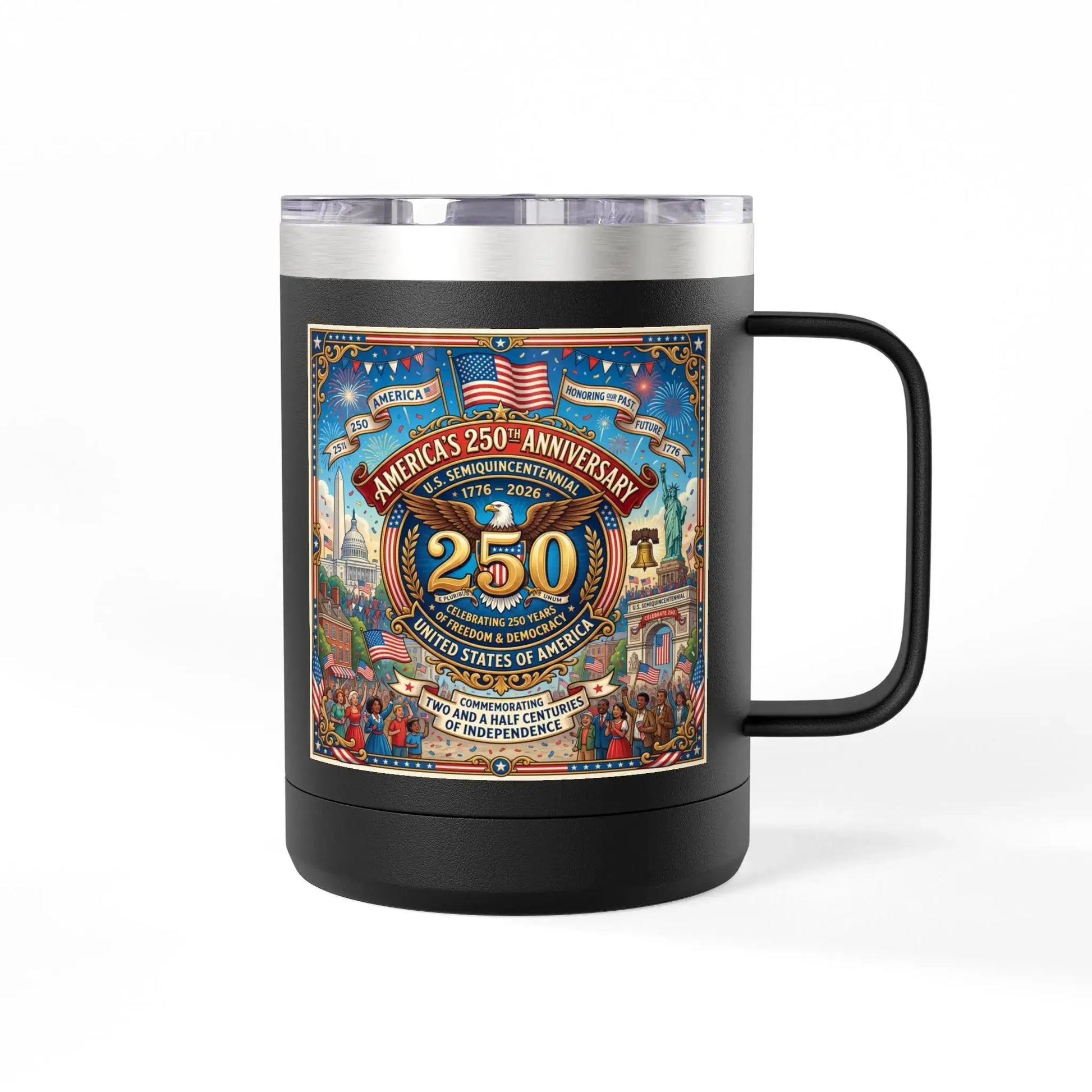 Black mug with America's 250th Anniversary design featuring the eagle and U.S. landmarks.