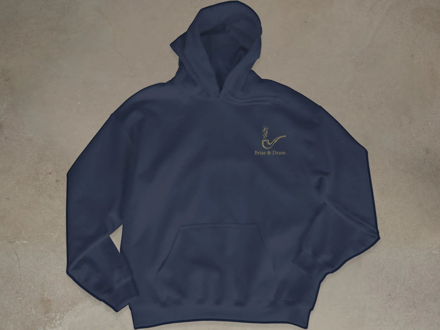 Navy blue hoodie with a small gold pipe and smoke logo and "Briar & Dram" text.