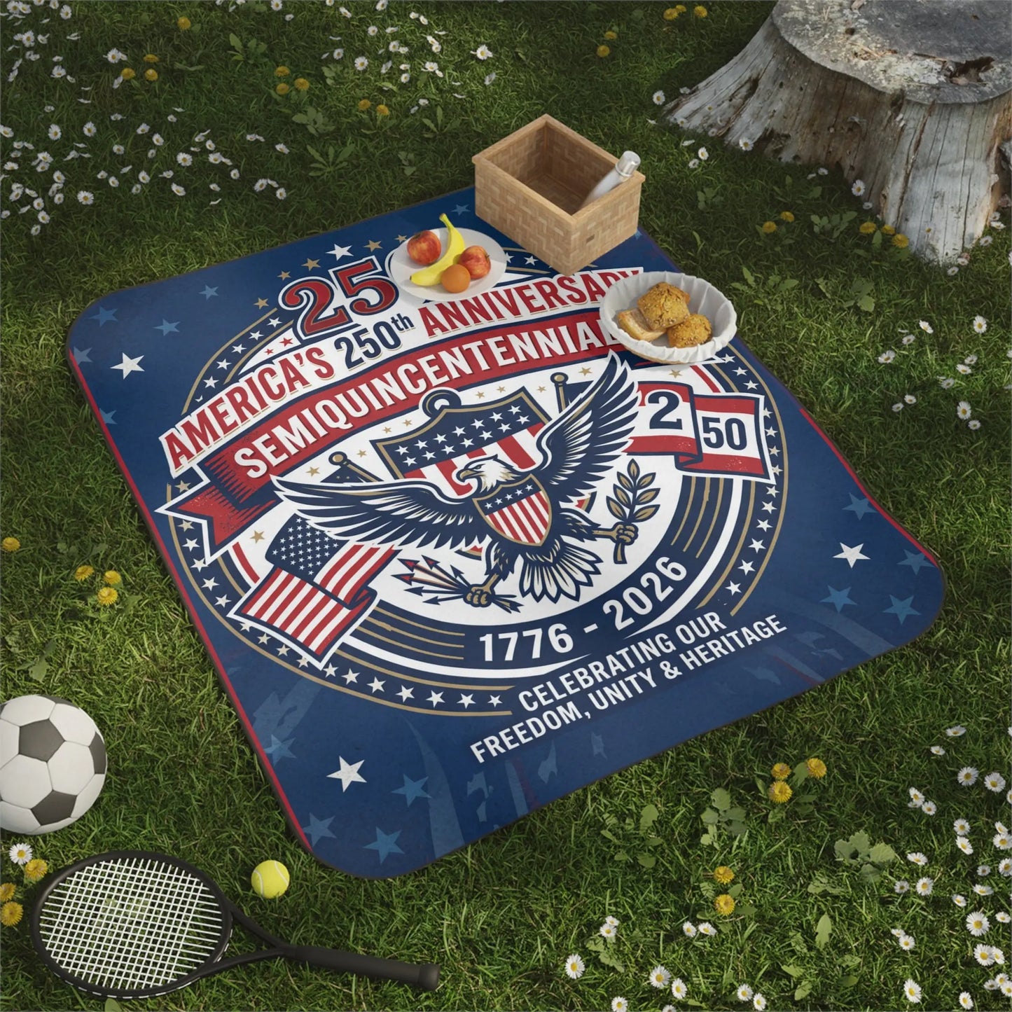 Picnic blanket with America's 250th anniversary design on grass with sports equipment.