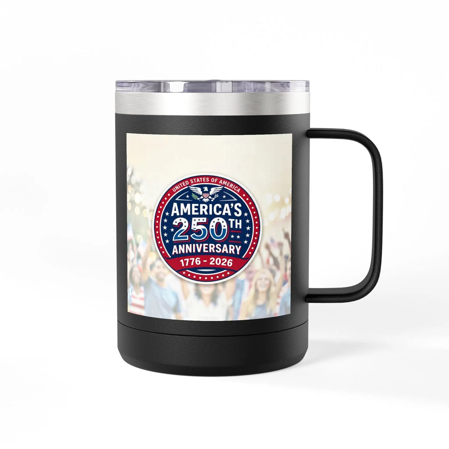 Black mug with a "America's 250th Anniversary" emblem featuring an eagle and patriotic colors.