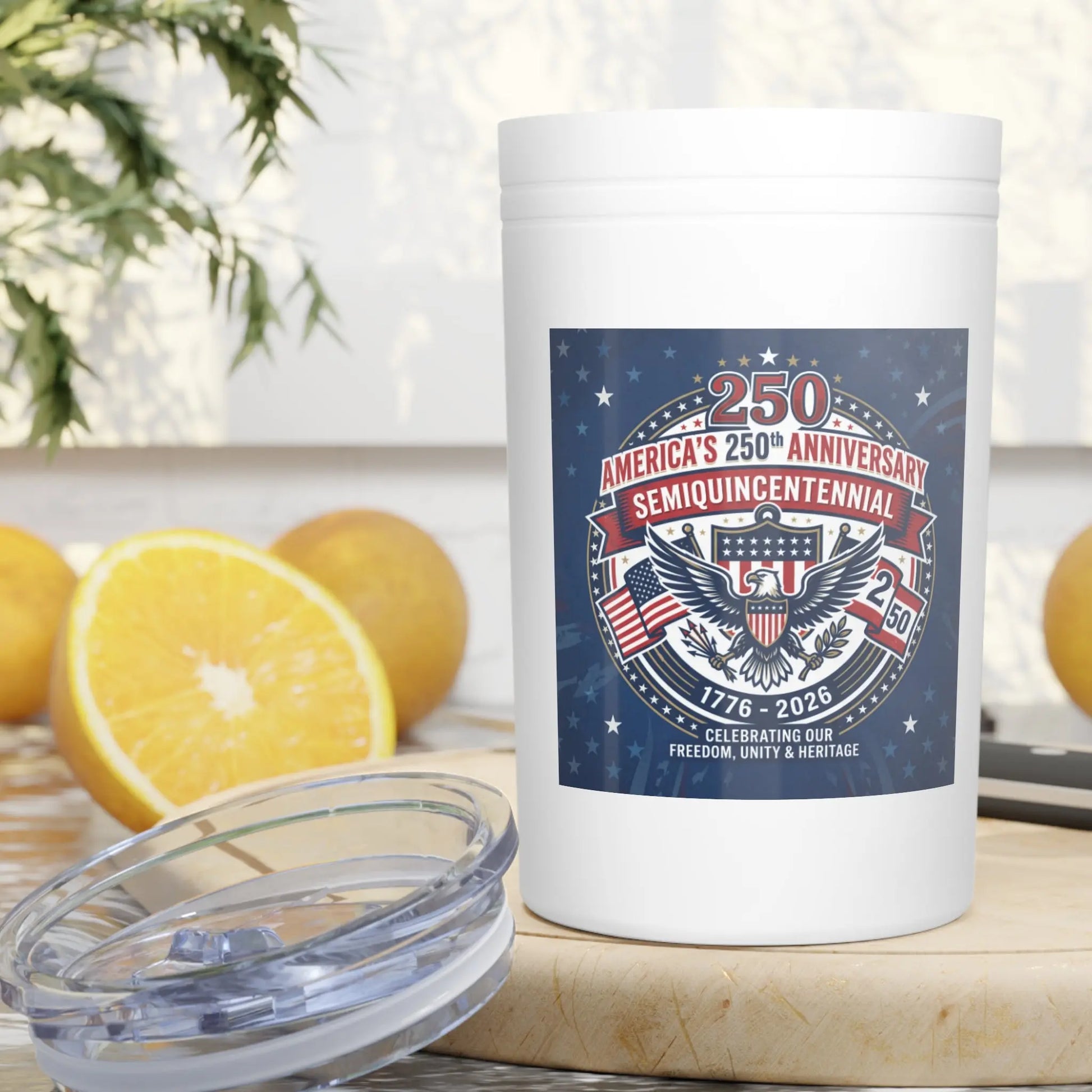 White tumbler with America's 250th Anniversary logo featuring eagle and dates.