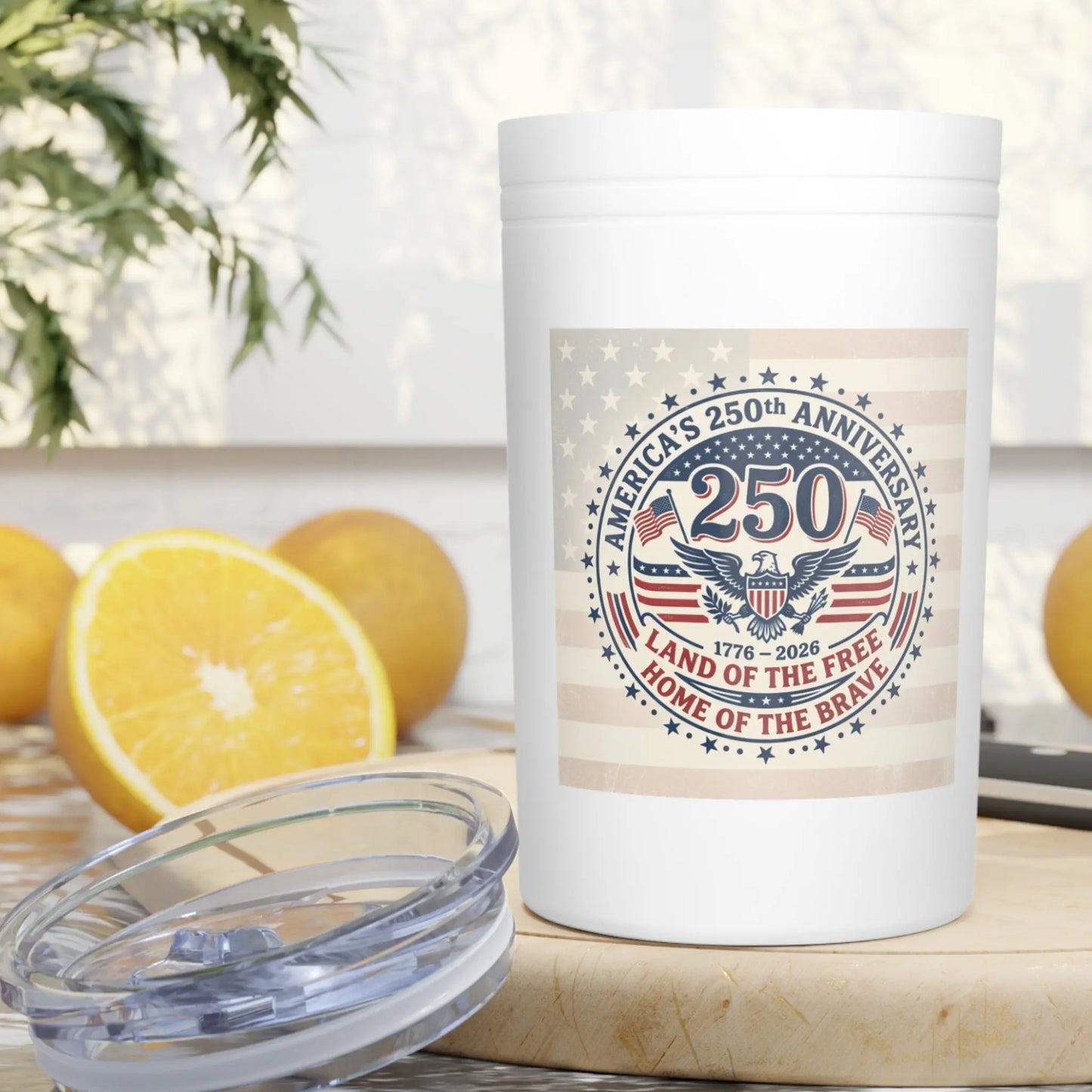 White tumbler with "America's 250th anniversary" patriotic graphic.
