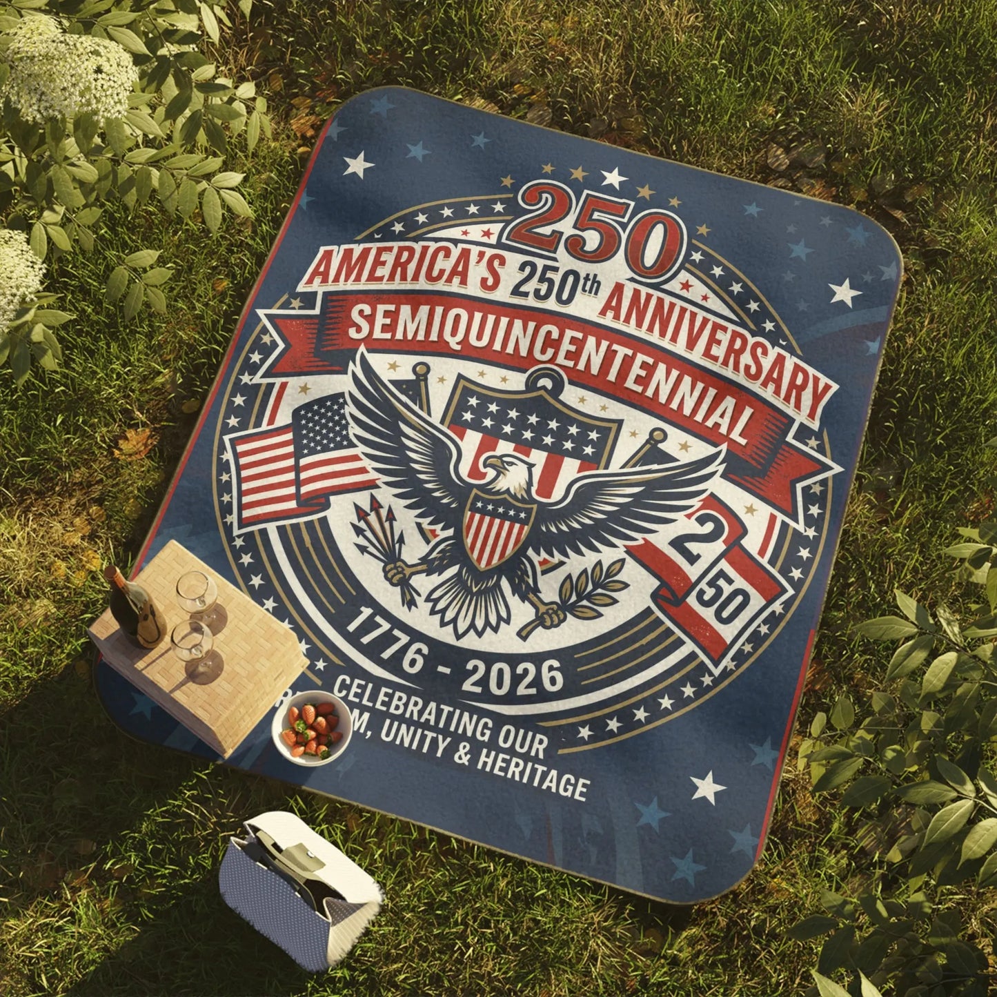 Picnic blanket celebrating America's 250th Anniversary with eagle, flags, and text.