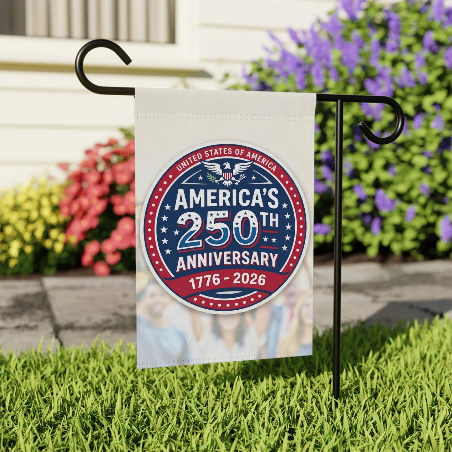 Garden flag with "America's 250th Anniversary 1776-2026" text.