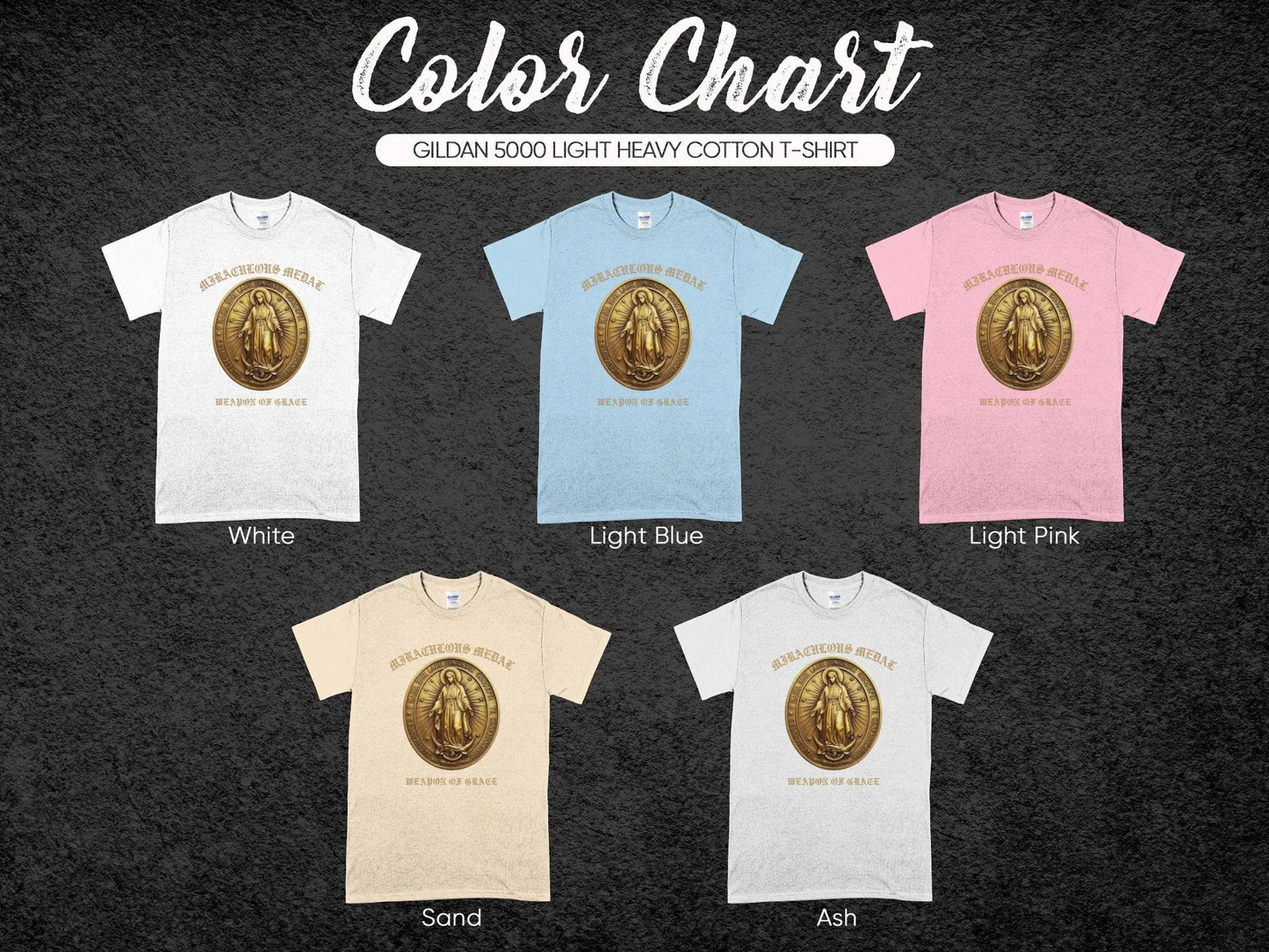 Gildan 5000 t-shirts in white, light blue, pink, sand, and ash colors.