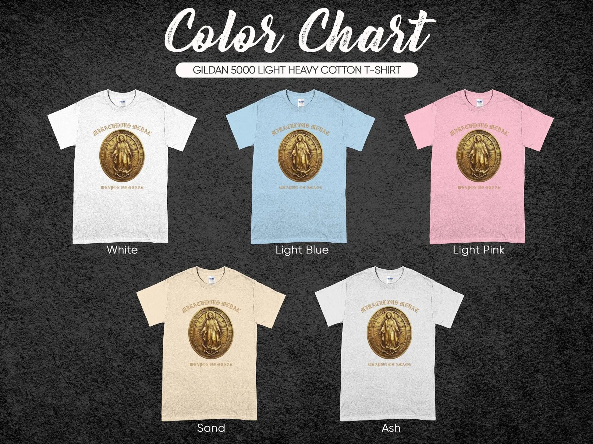 Gildan 5000 t-shirts in white, light blue, pink, sand, and ash colors.
