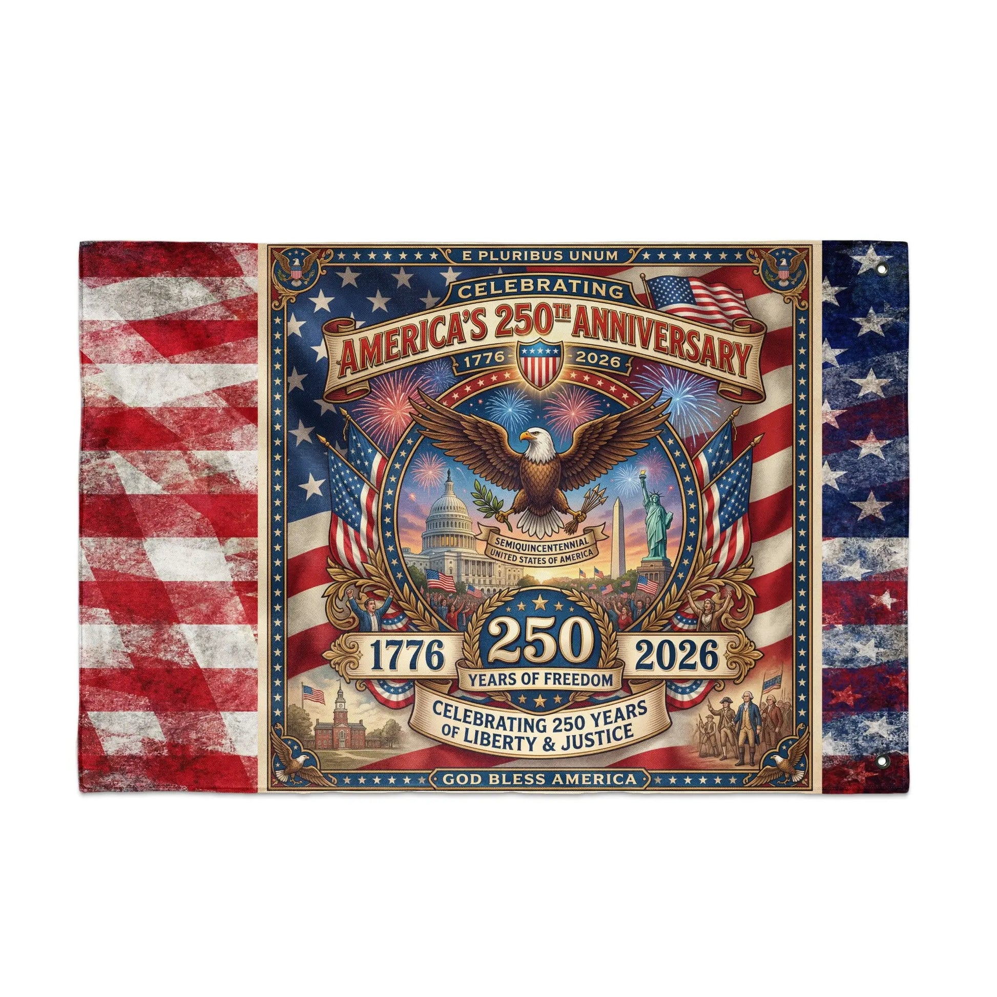 Americas 250th Anniversary 1776-2026 with eagle, landmarks, and text.