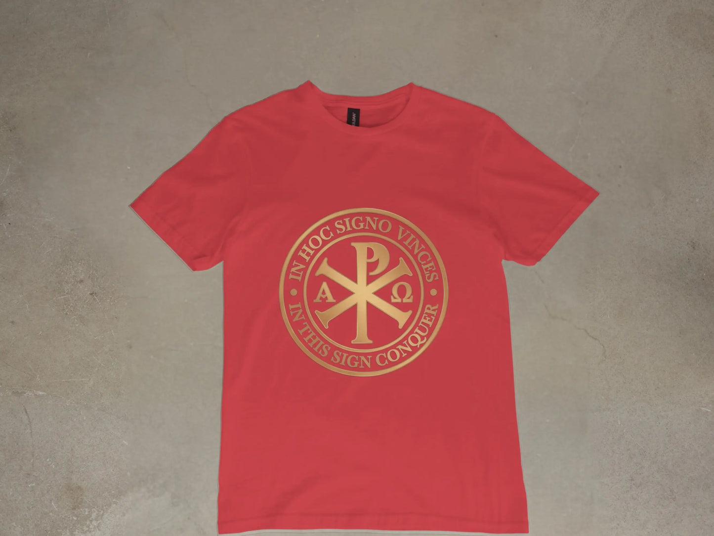 Red t-shirt with gold Chi Rho symbol and "In Hoc Signo Vinces" text.