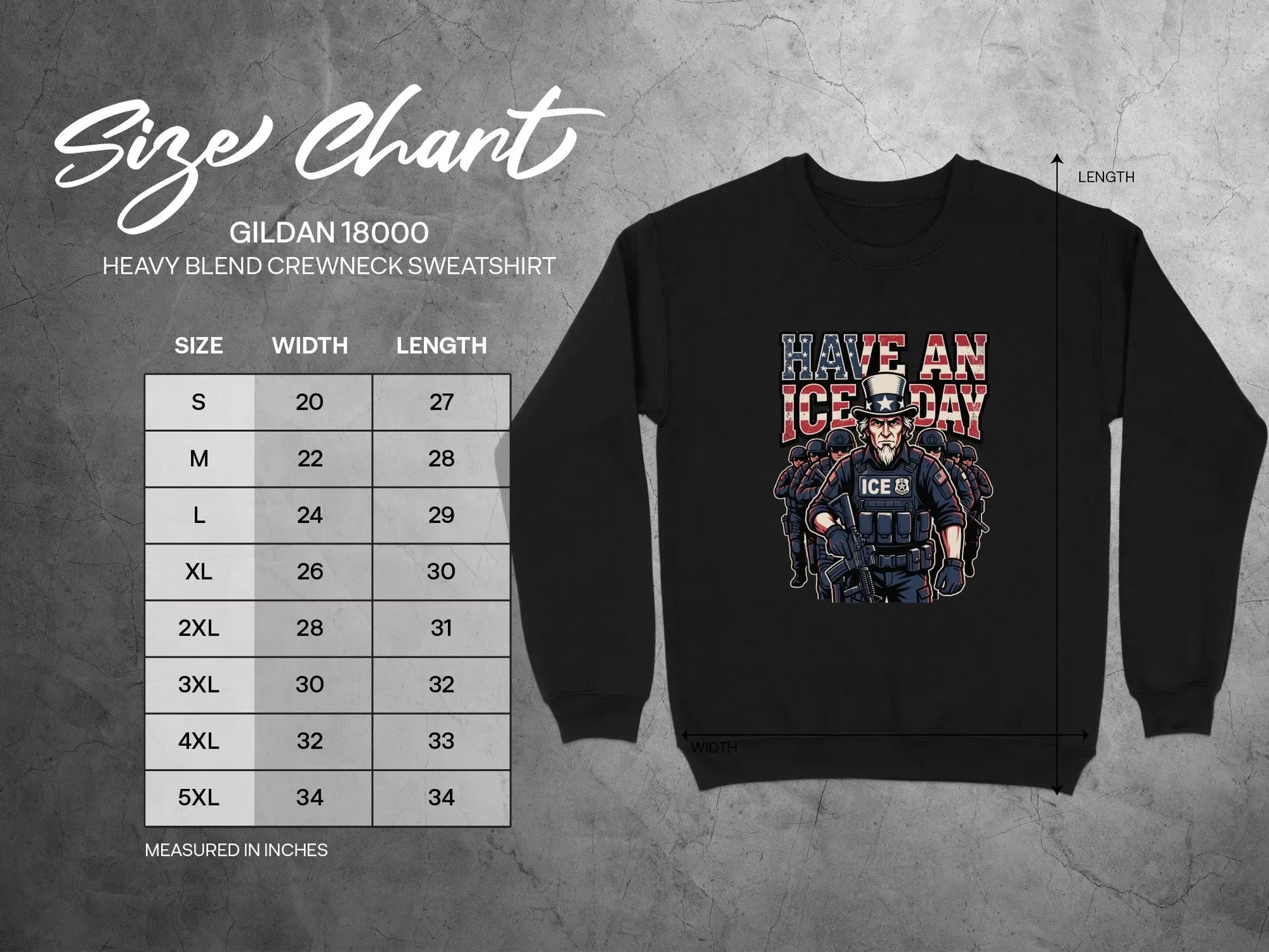 Gildan 18000 size chart showing width and length measurements in inches for crewneck sweatshirts.
